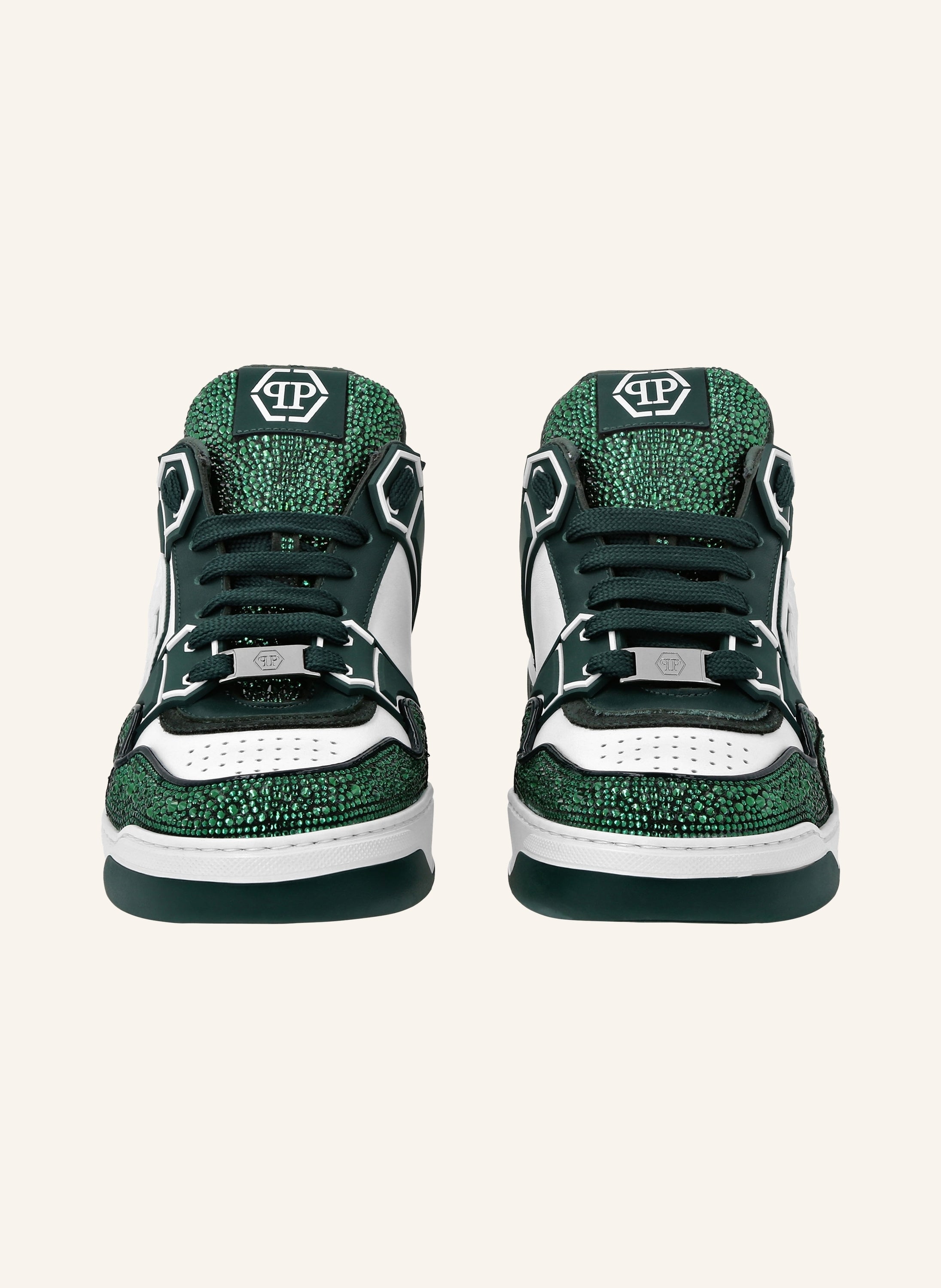 Mix Leather Lo-Top Sneakers Strass Hexagon