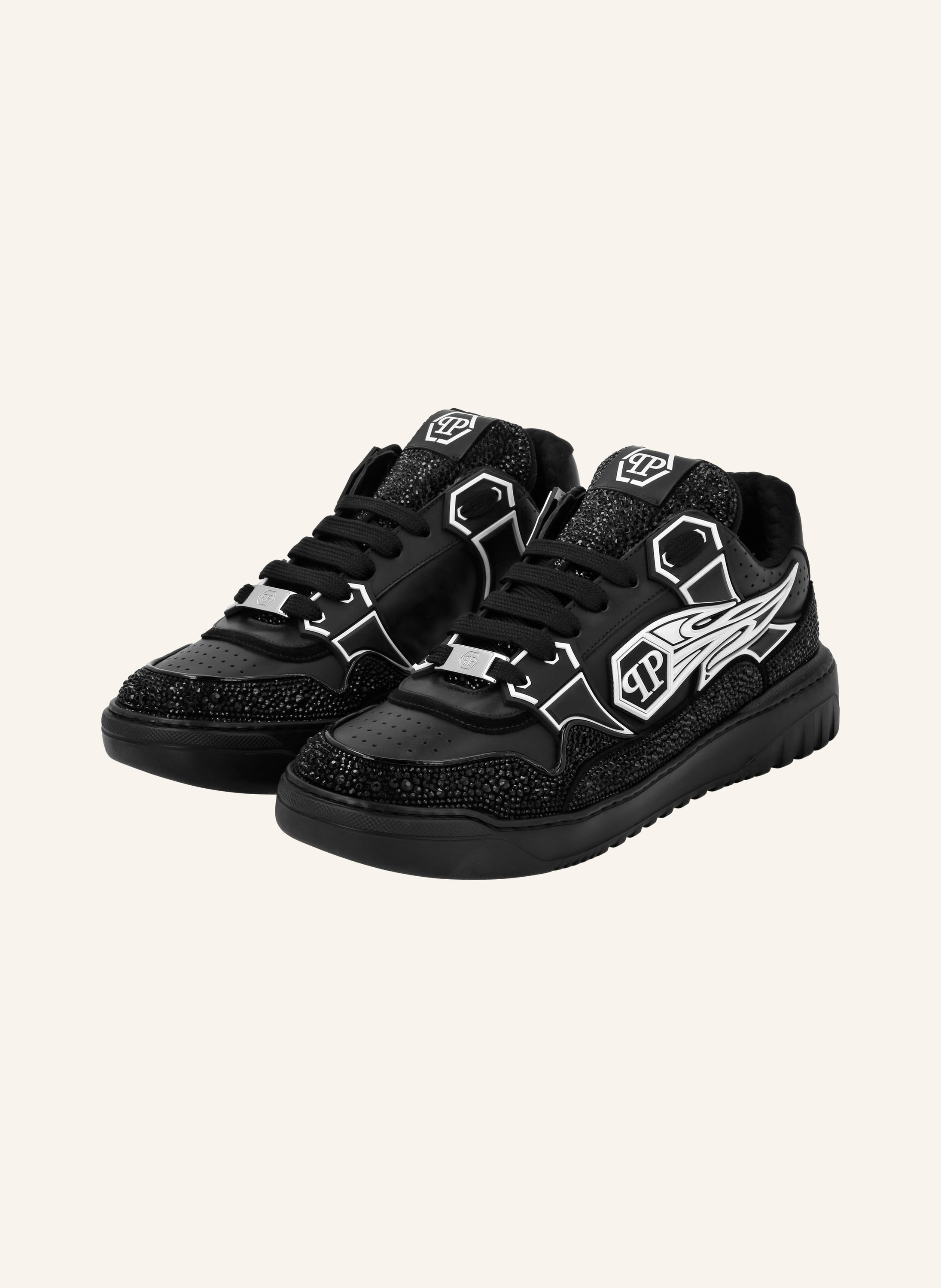 Mix Leather Lo-Top Sneakers Strass Hexagon