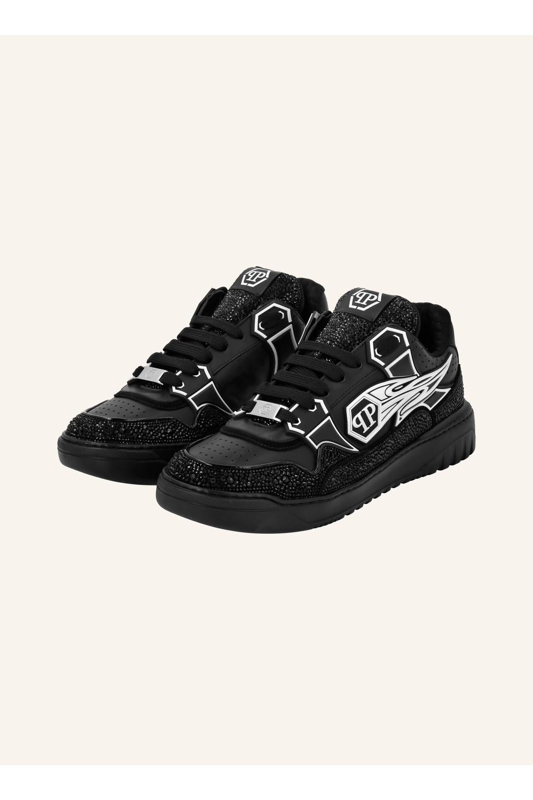 Philipp Plein Mix Leather Lo-Top Sneakers Strass Hexagon, Schuhe