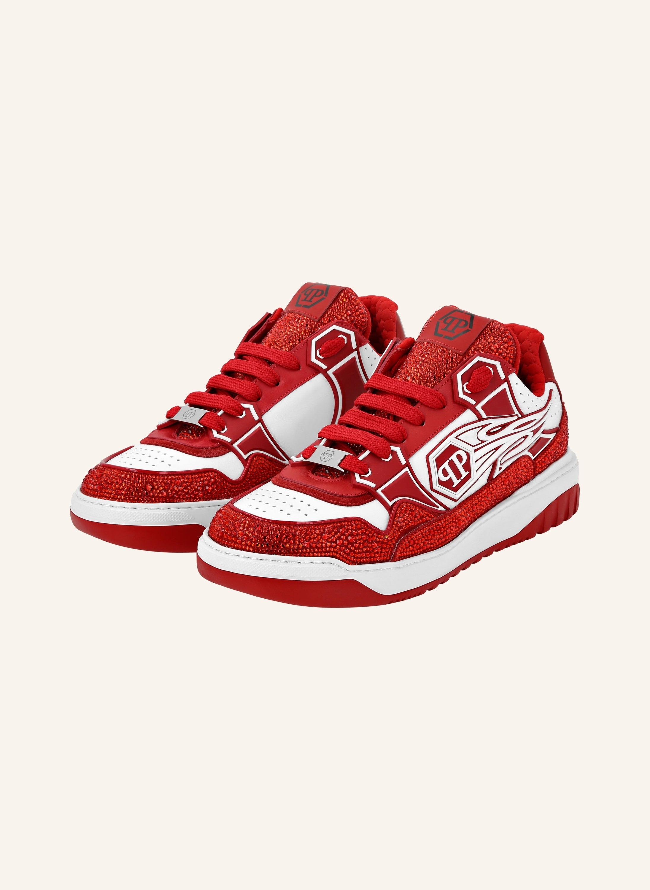 Mix Leather Lo-Top Sneakers Strass Hexagon