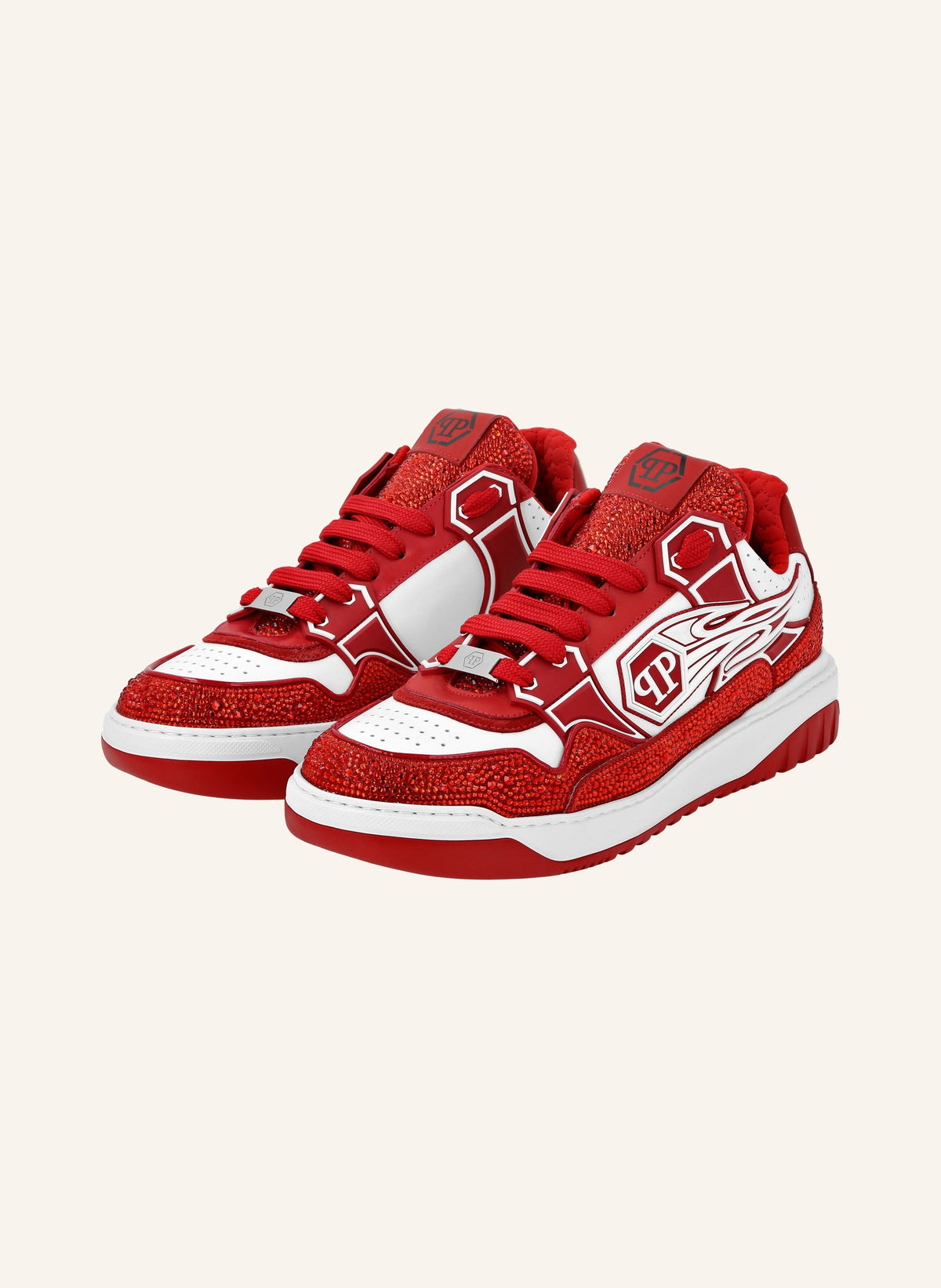 Mix Leather Lo-Top Sneakers Strass Hexagon