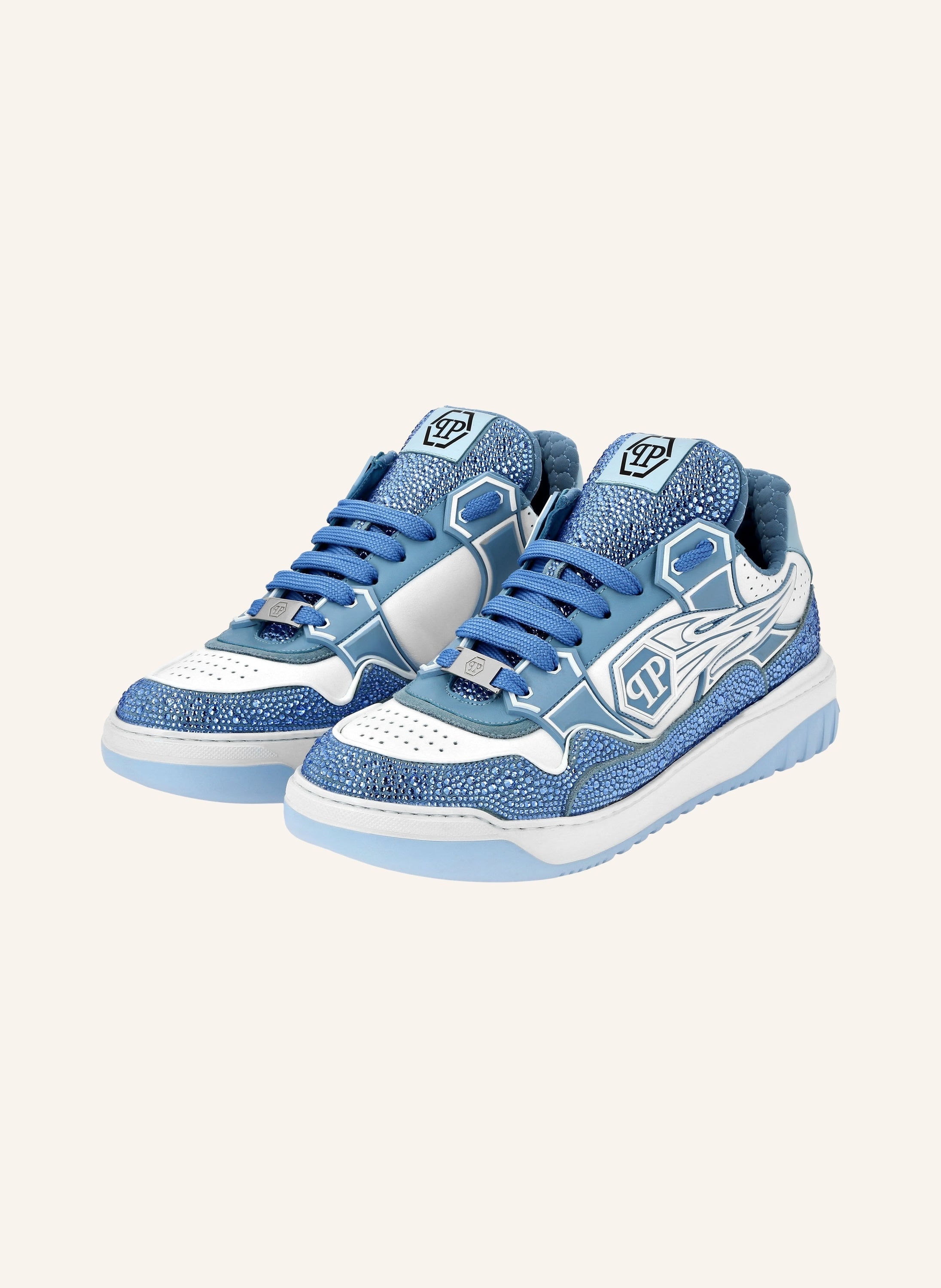 Mix Leather Lo-Top Sneakers Strass Hexagon