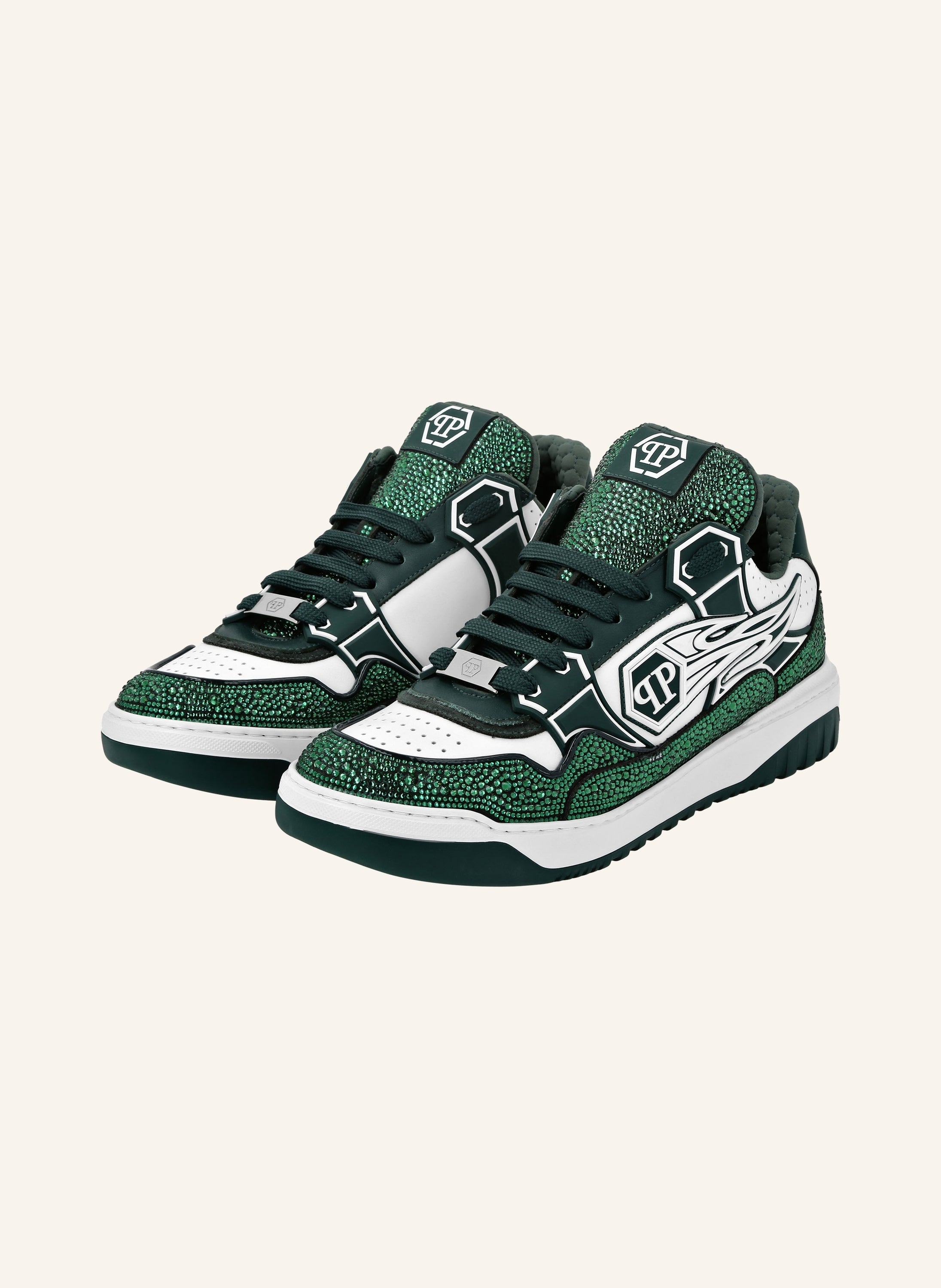 Mix Leather Lo-Top Sneakers Strass Hexagon