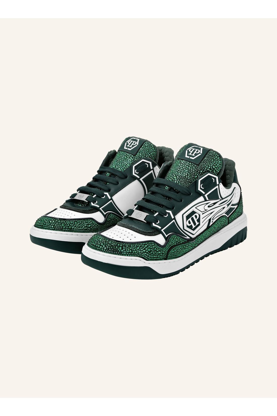 Philipp Plein Mix Leather Lo-Top Sneakers Strass Hexagon, Schuhe