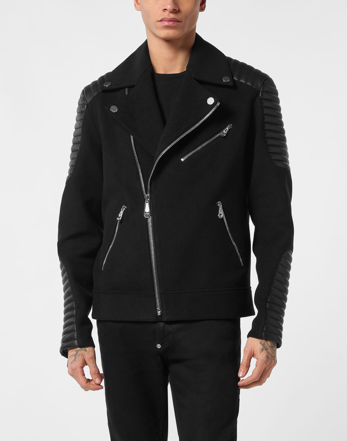 Wool Biker Jacket with Leather Inserts