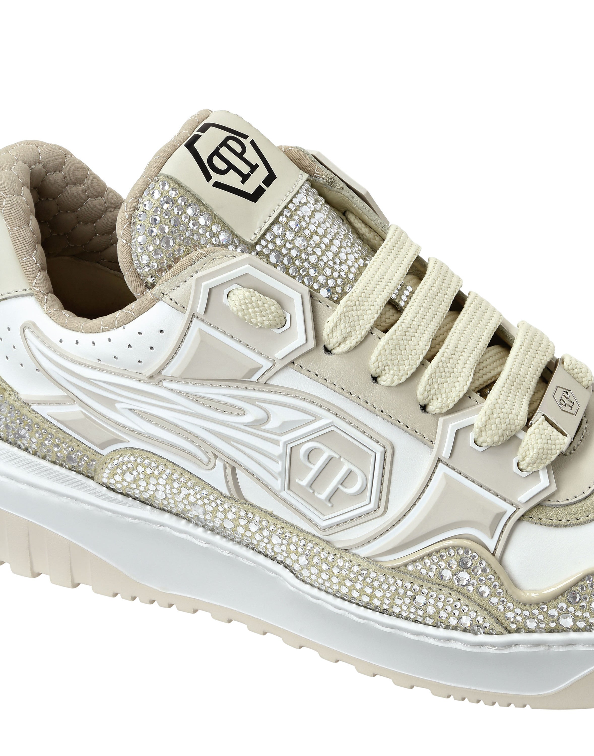 Mix Leather Lo-Top Sneakers Strass Hexagon