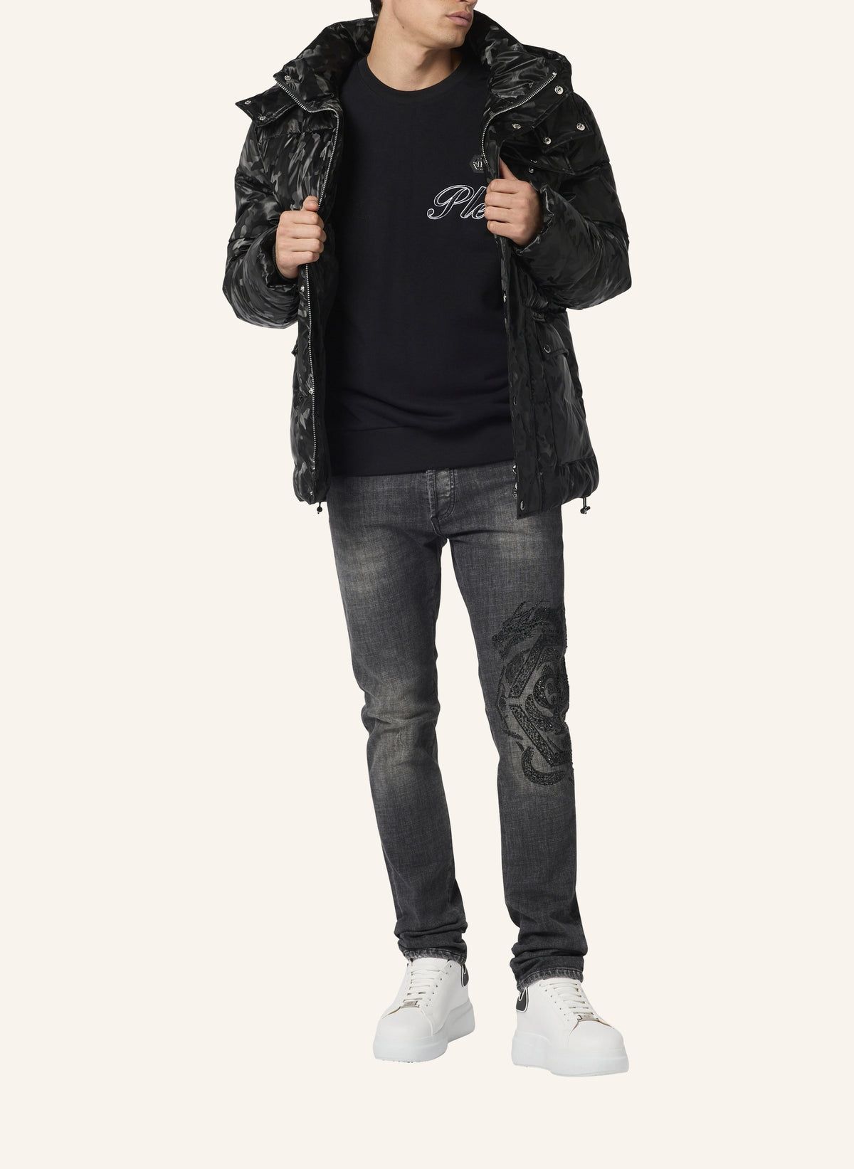 Shiny Nylon Puffer Jacket Camouflage