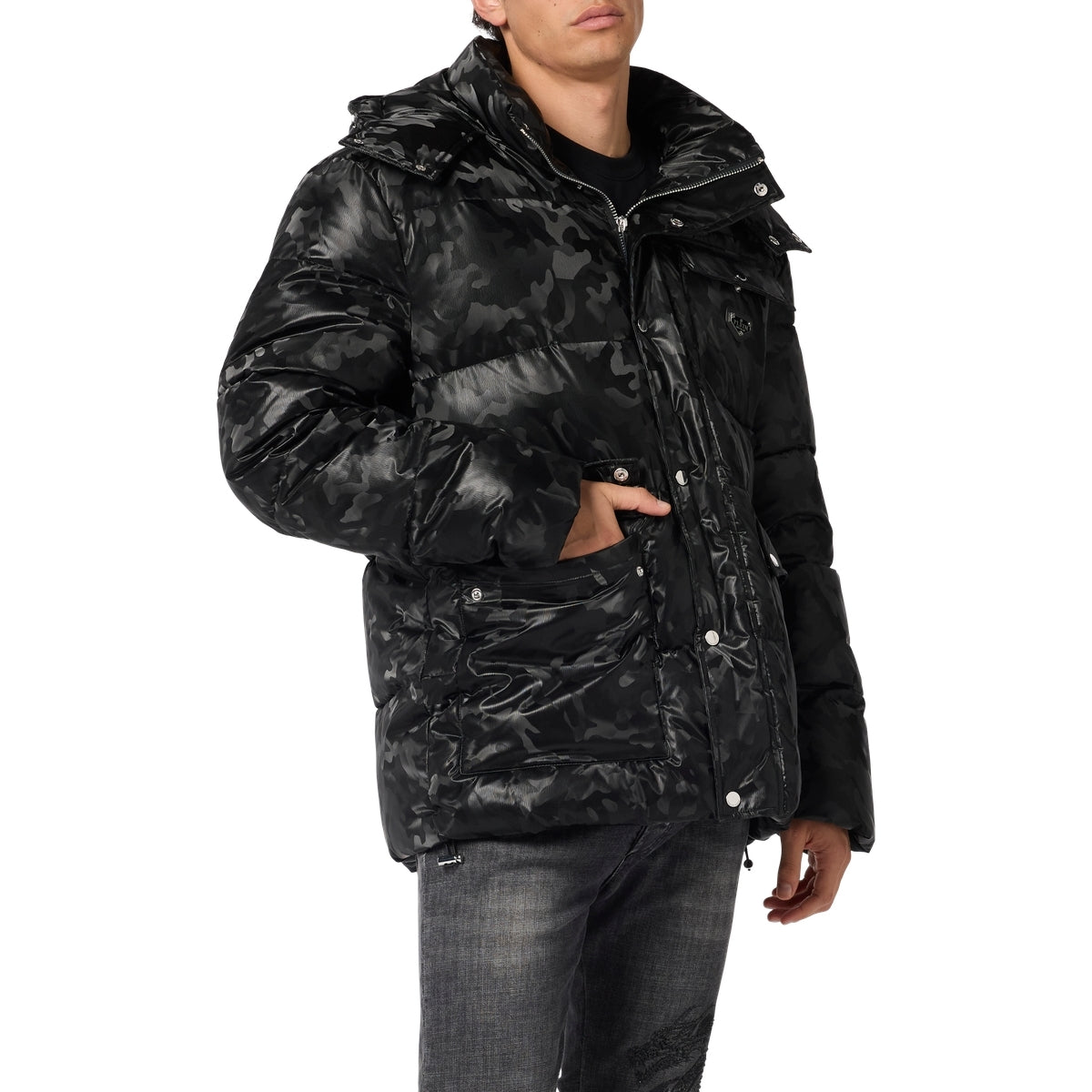 Shiny Nylon Puffer Jacket Camouflage