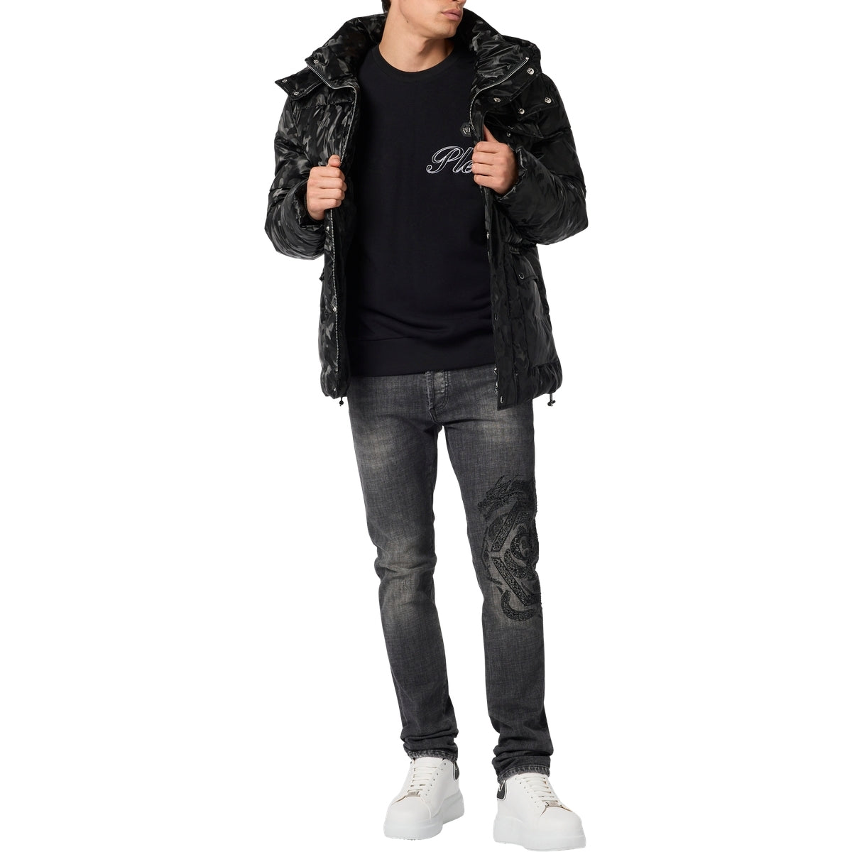 Shiny Nylon Puffer Jacket Camouflage