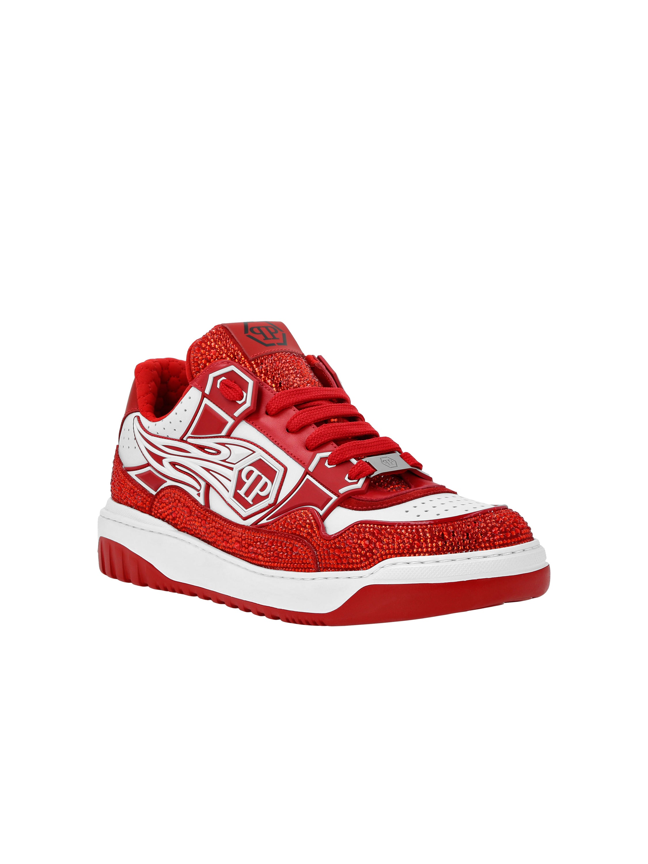 Mix Leather Lo-Top Sneakers Strass Hexagon