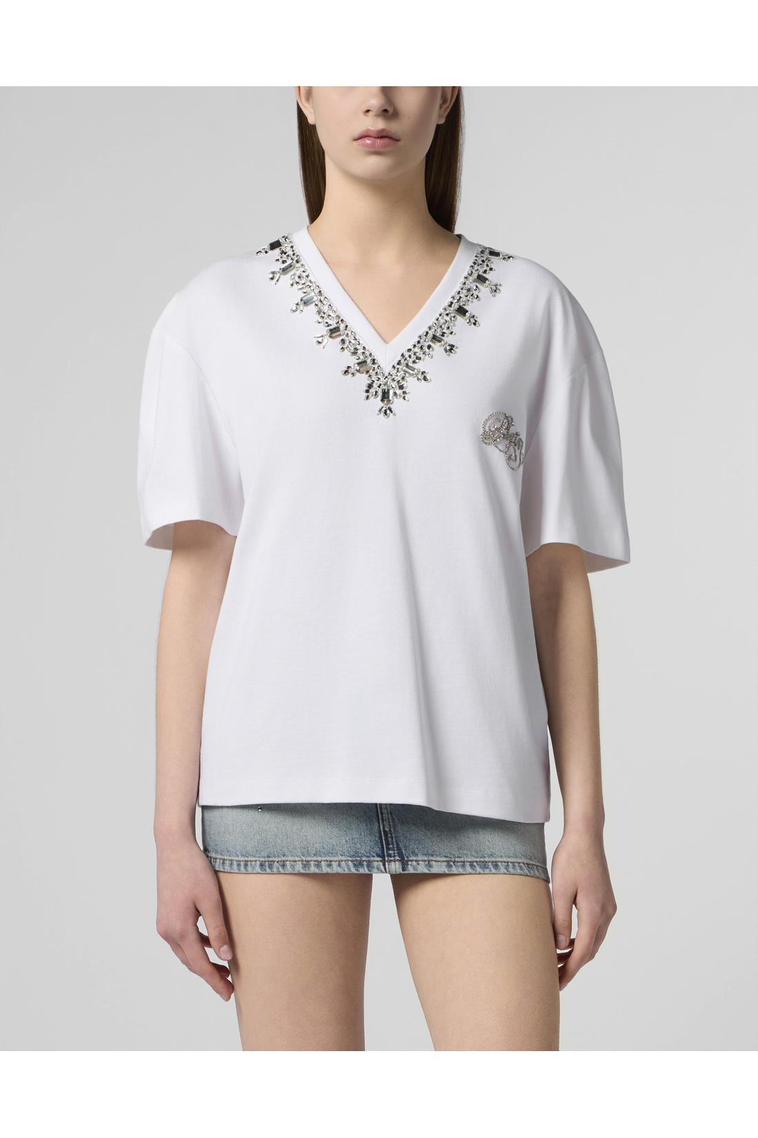 Philipp Plein Man Fit V-Neck T-Shirt Crystals, Shirts