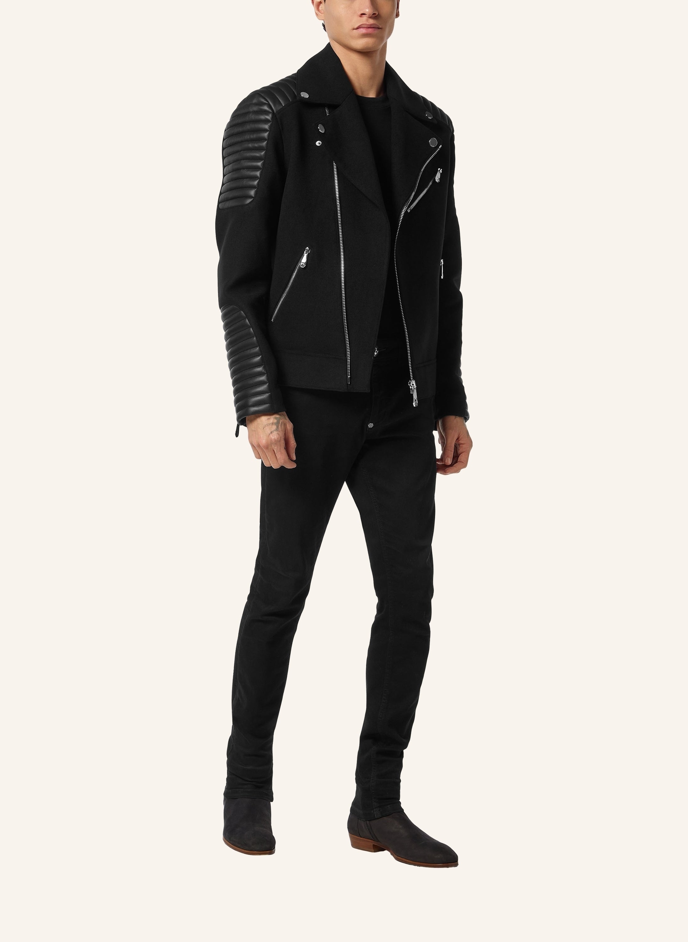 Wool Biker Jacket with Leather Inserts