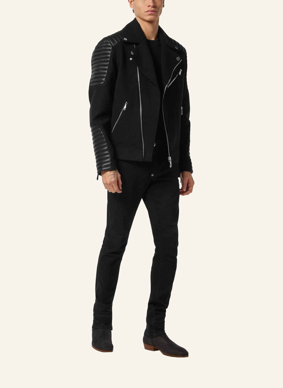 Wool Biker Jacket with Leather Inserts
