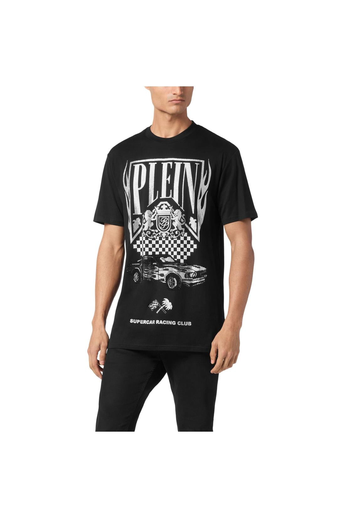 Philipp Plein Jersey T-shirt Round Neck SS Strass Flame Racing, Shirts