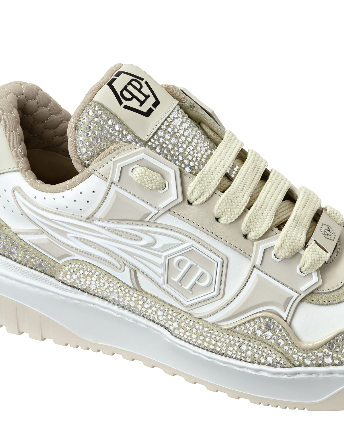 Mix Leather Lo-Top Sneakers Strass Hexagon