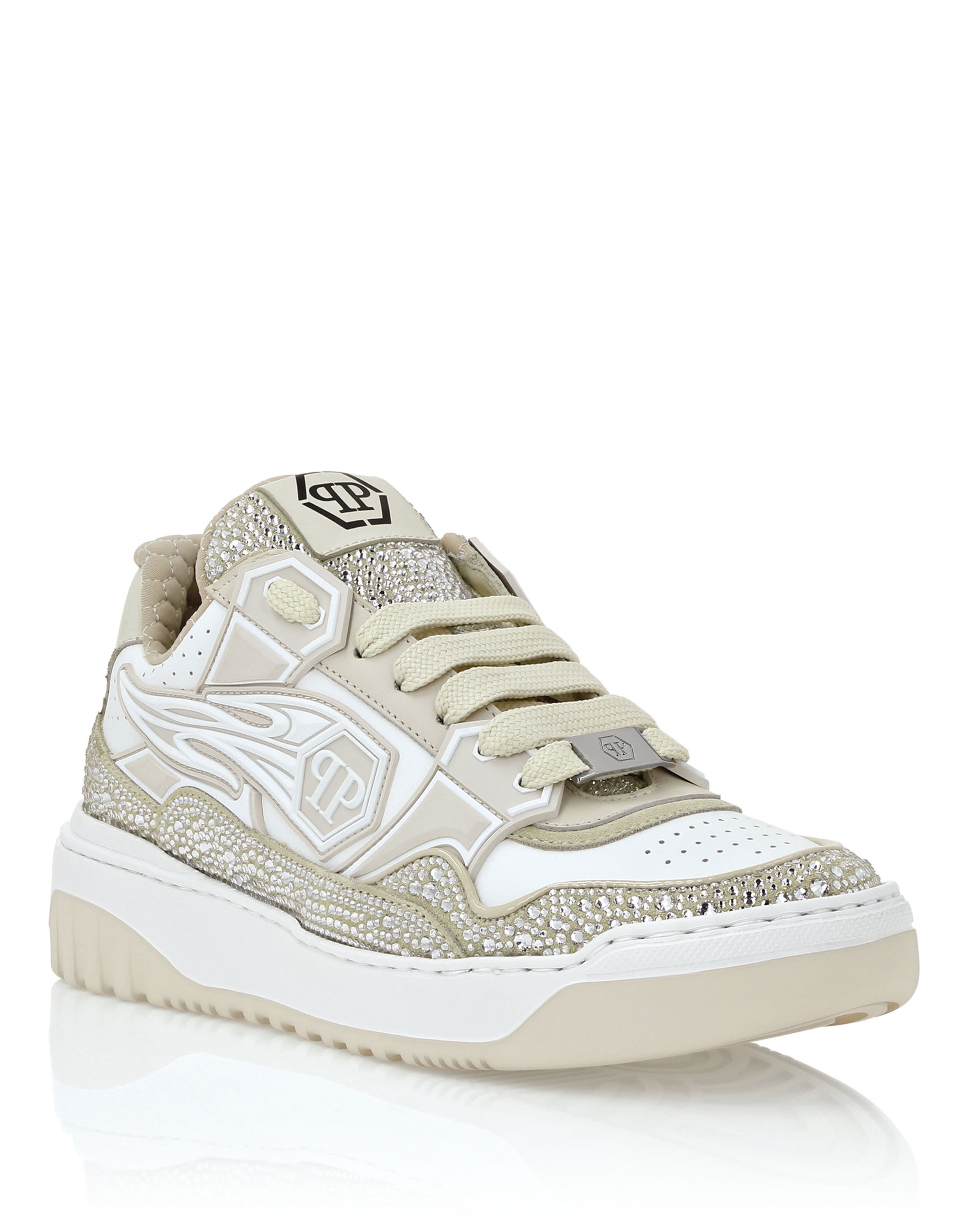 Mix Leather Lo-Top Sneakers Strass Hexagon
