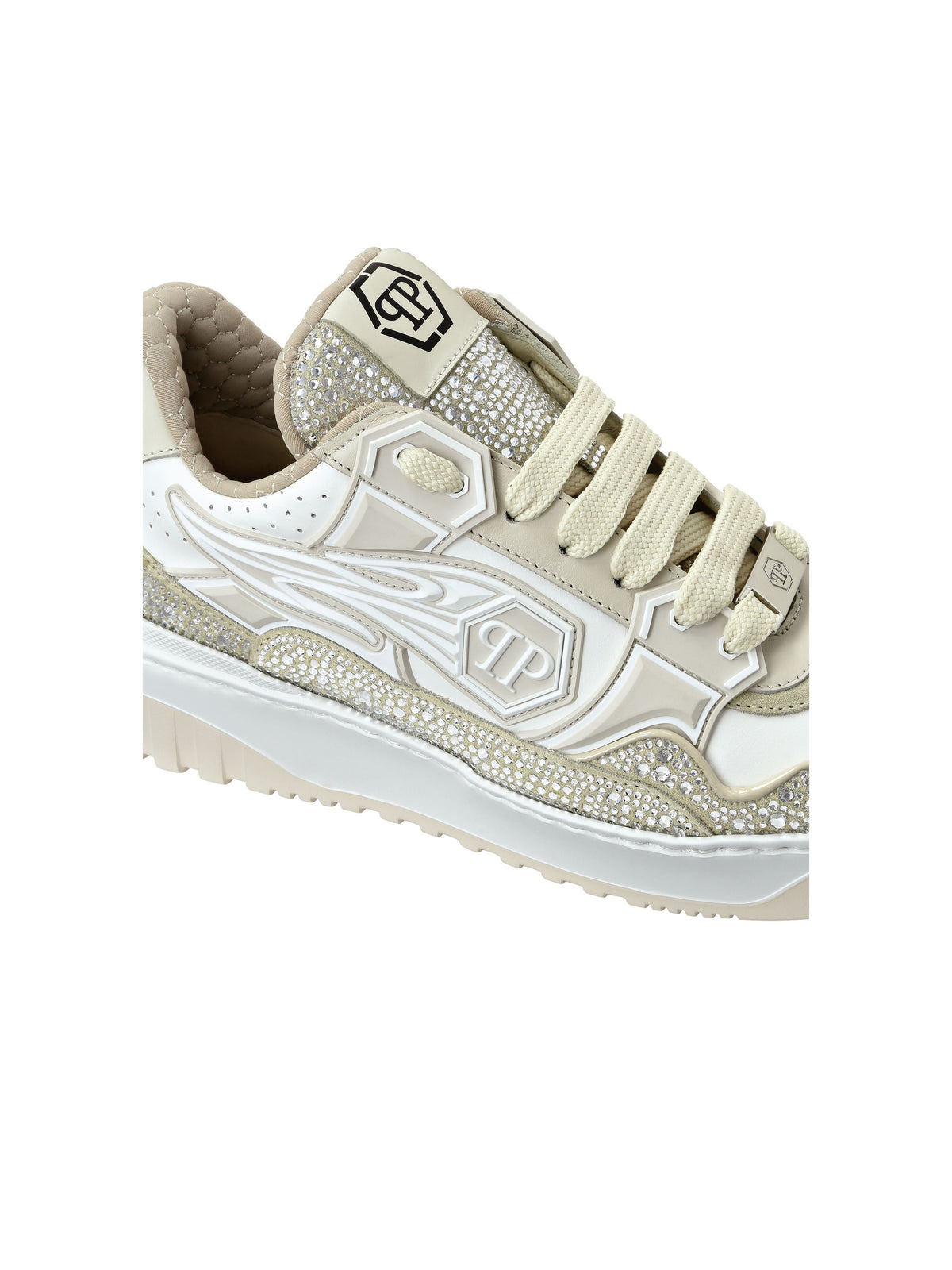 Mix Leather Lo-Top Sneakers Strass Hexagon