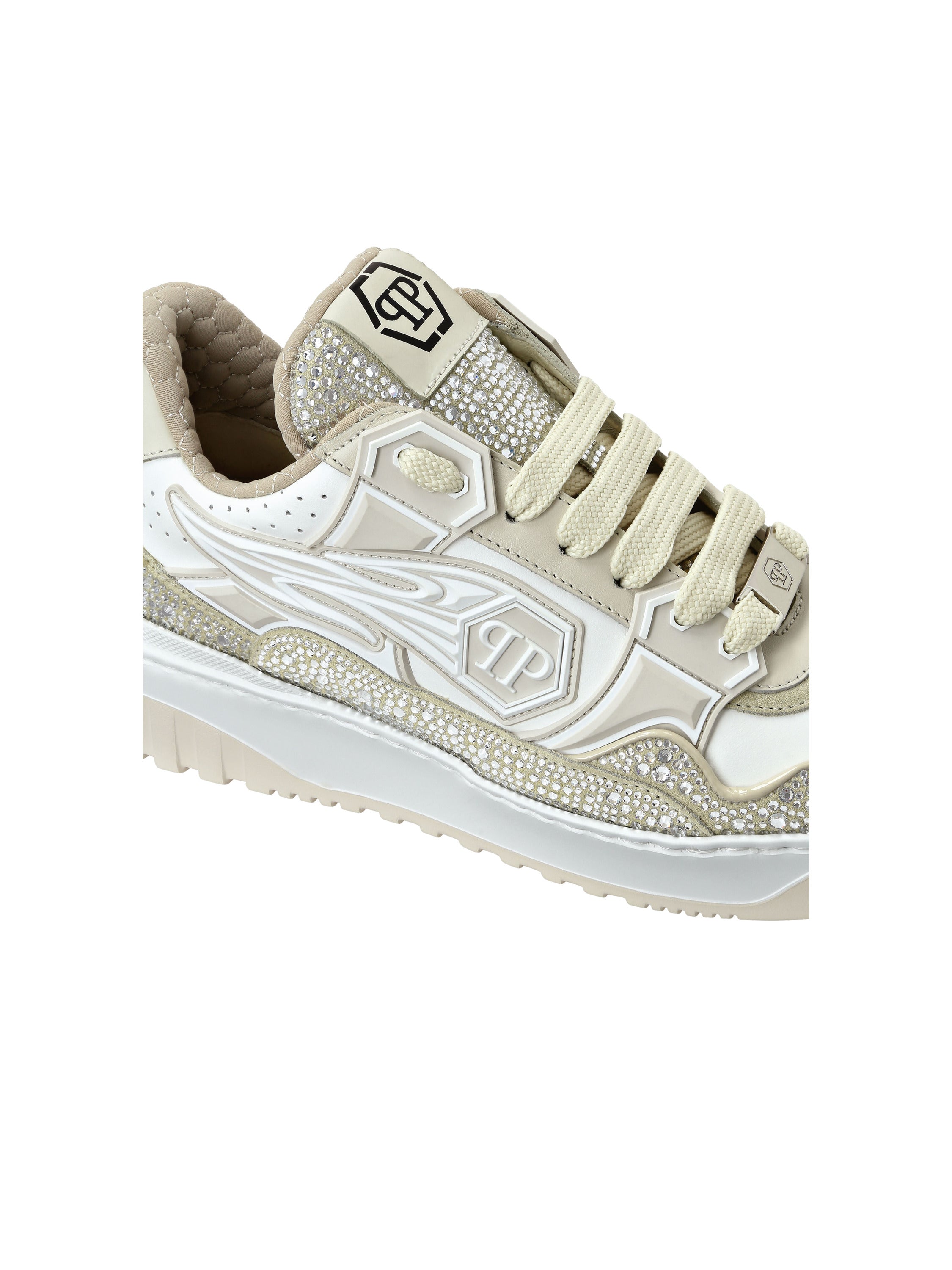 Mix Leather Lo-Top Sneakers Strass Hexagon
