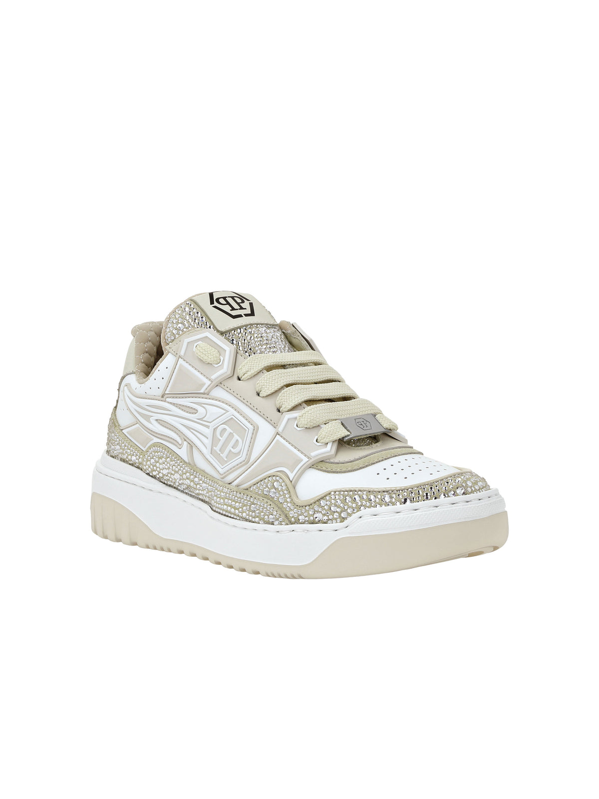 Mix Leather Lo-Top Sneakers Strass Hexagon