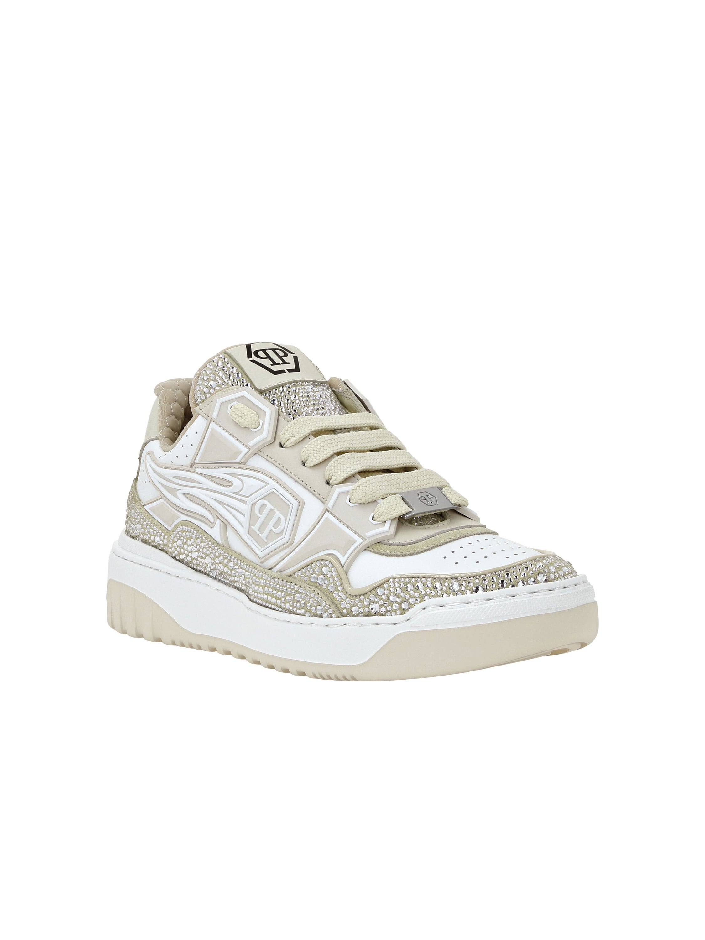 Mix Leather Lo-Top Sneakers Strass Hexagon