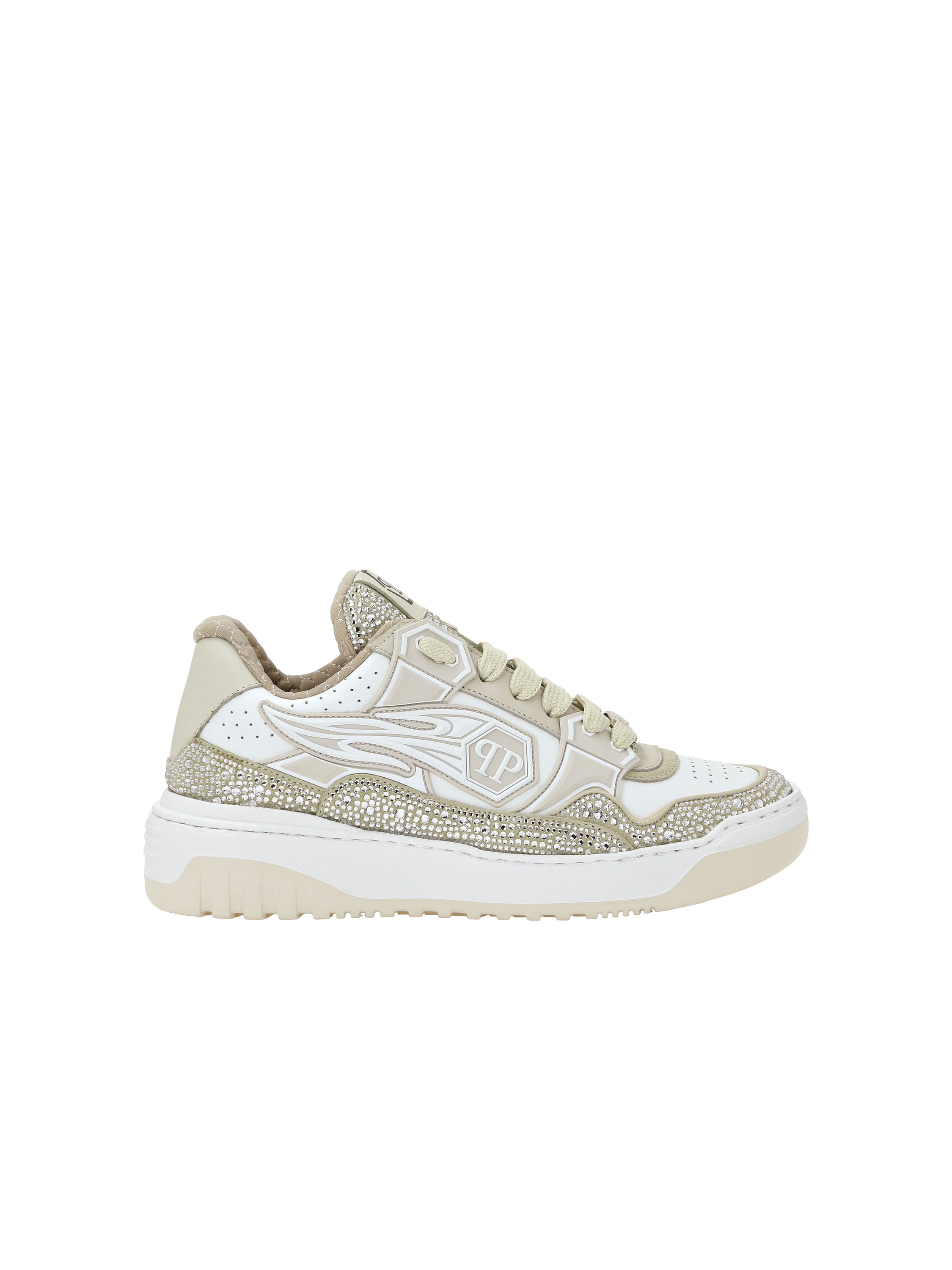 Mix Leather Lo-Top Sneakers Strass Hexagon