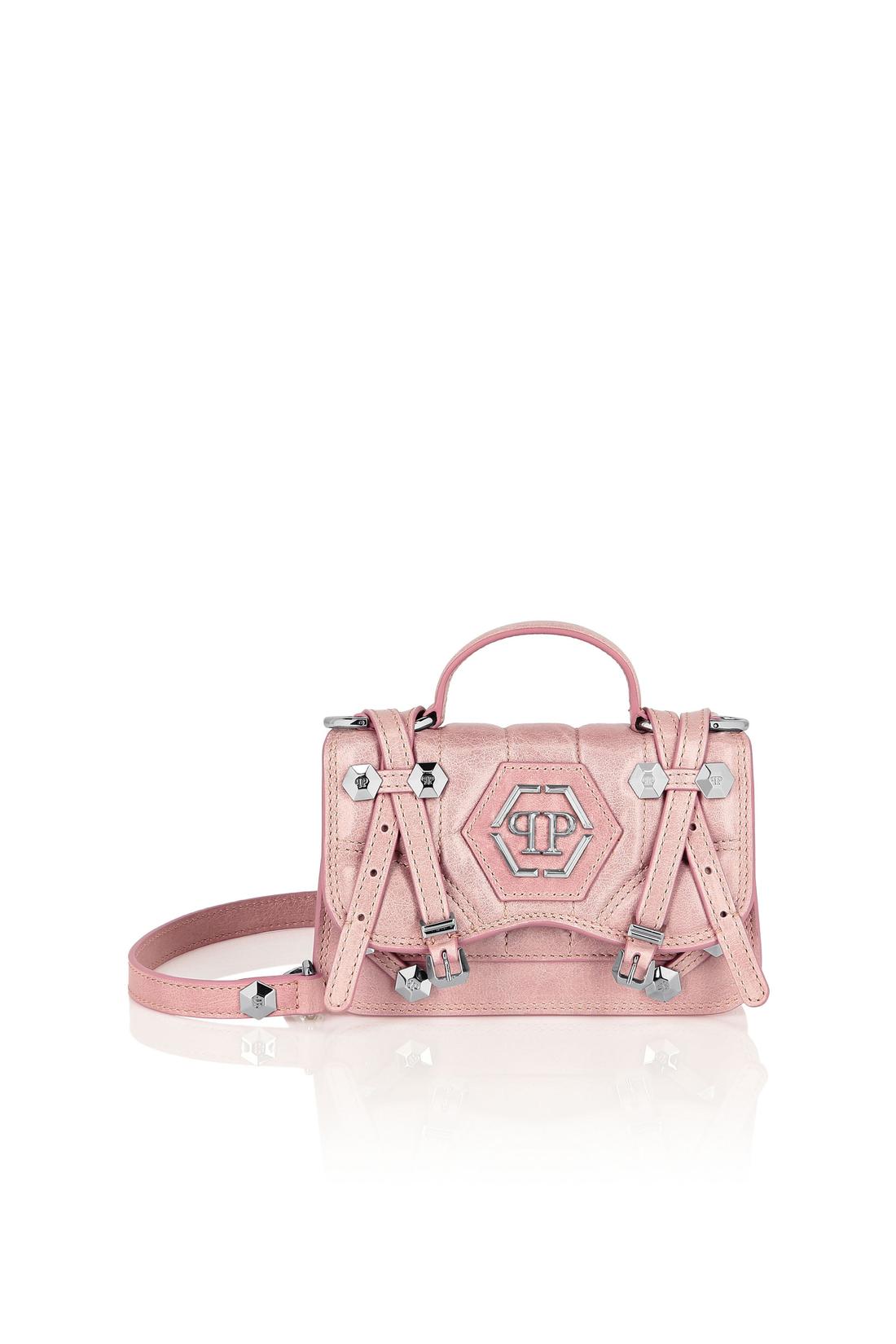 Shiny Crackle Leather Belt Handle Bag Small Hexagon