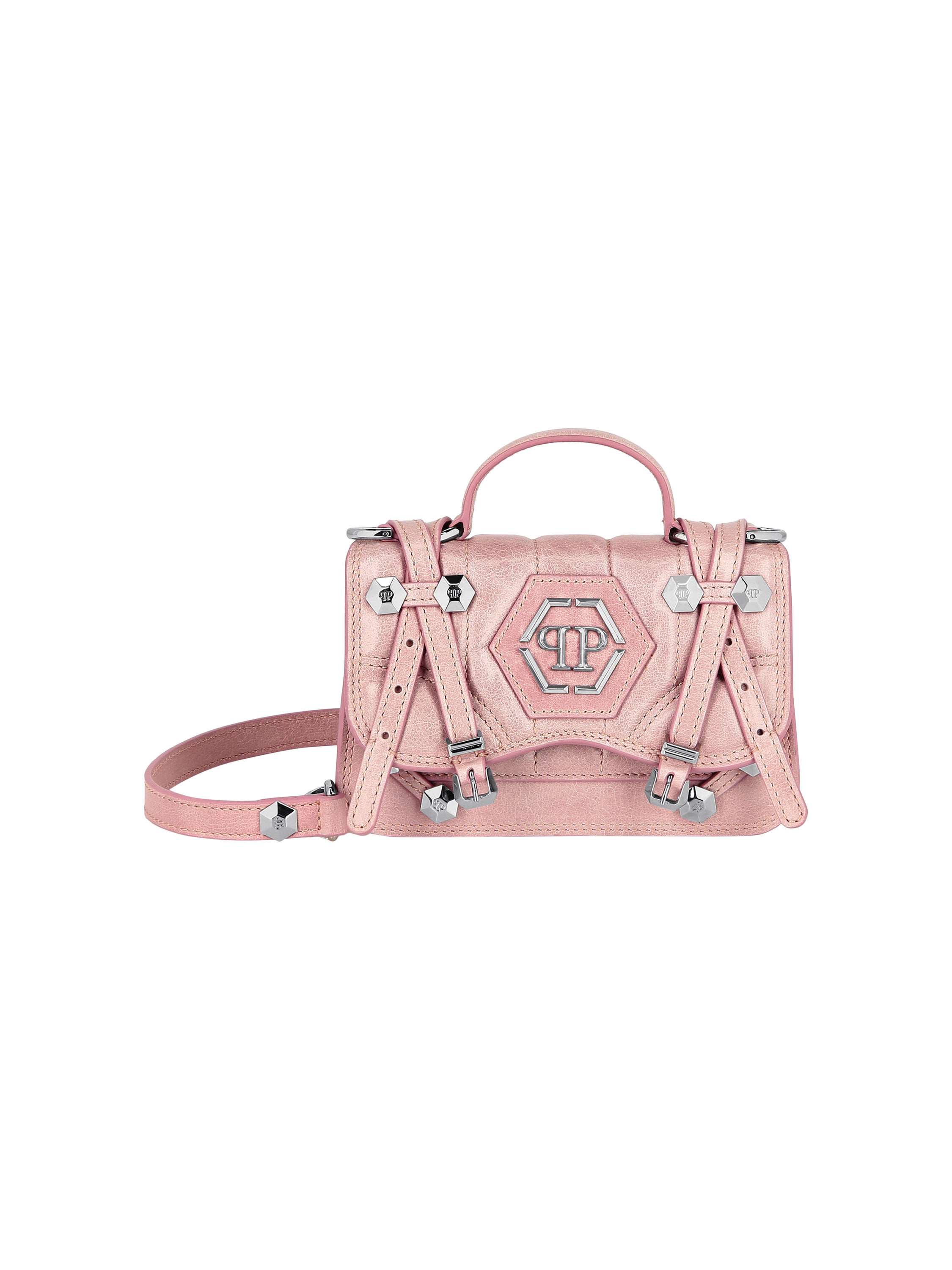 Shiny Crackle Leather Belt Handle Bag Small Hexagon