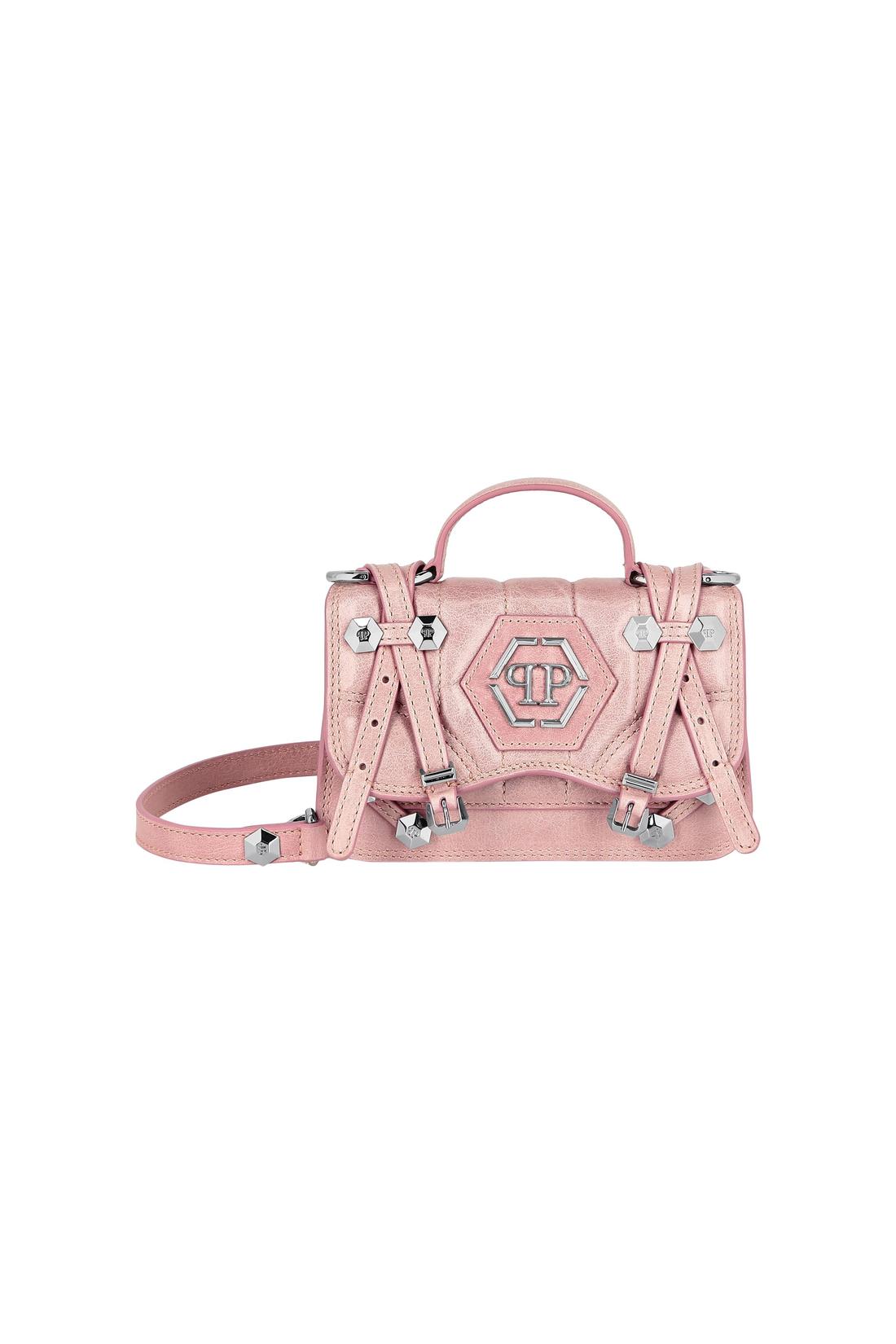 Shiny Crackle Leather Belt Handle Bag Small Hexagon