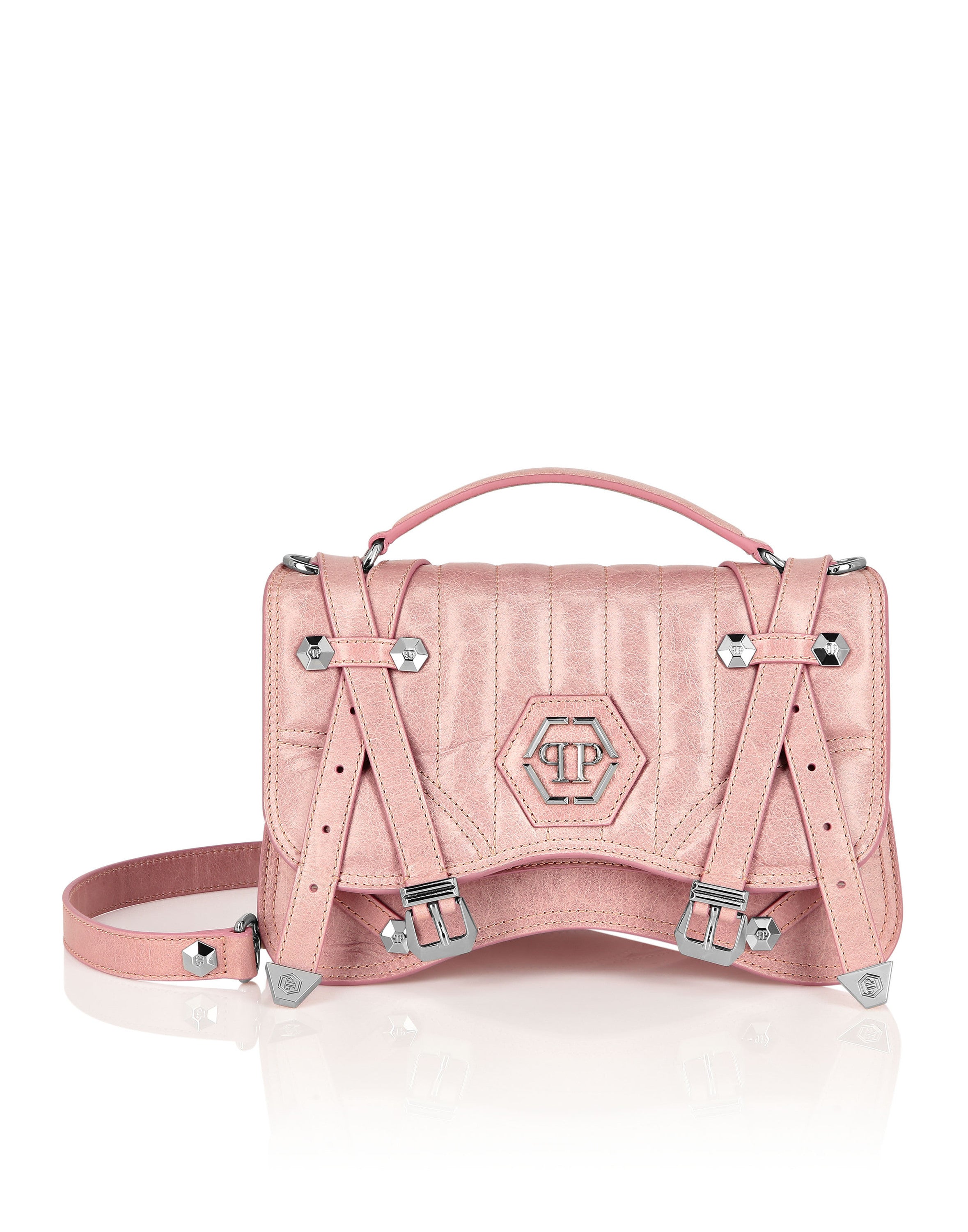Shiny Crackle Leather Belt Handle Bag Medium Hexagon