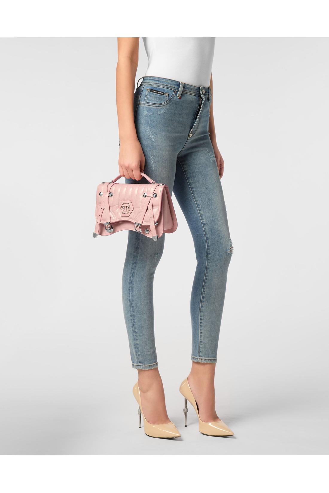 Shiny Crackle Leather Belt Handle Bag Medium Hexagon