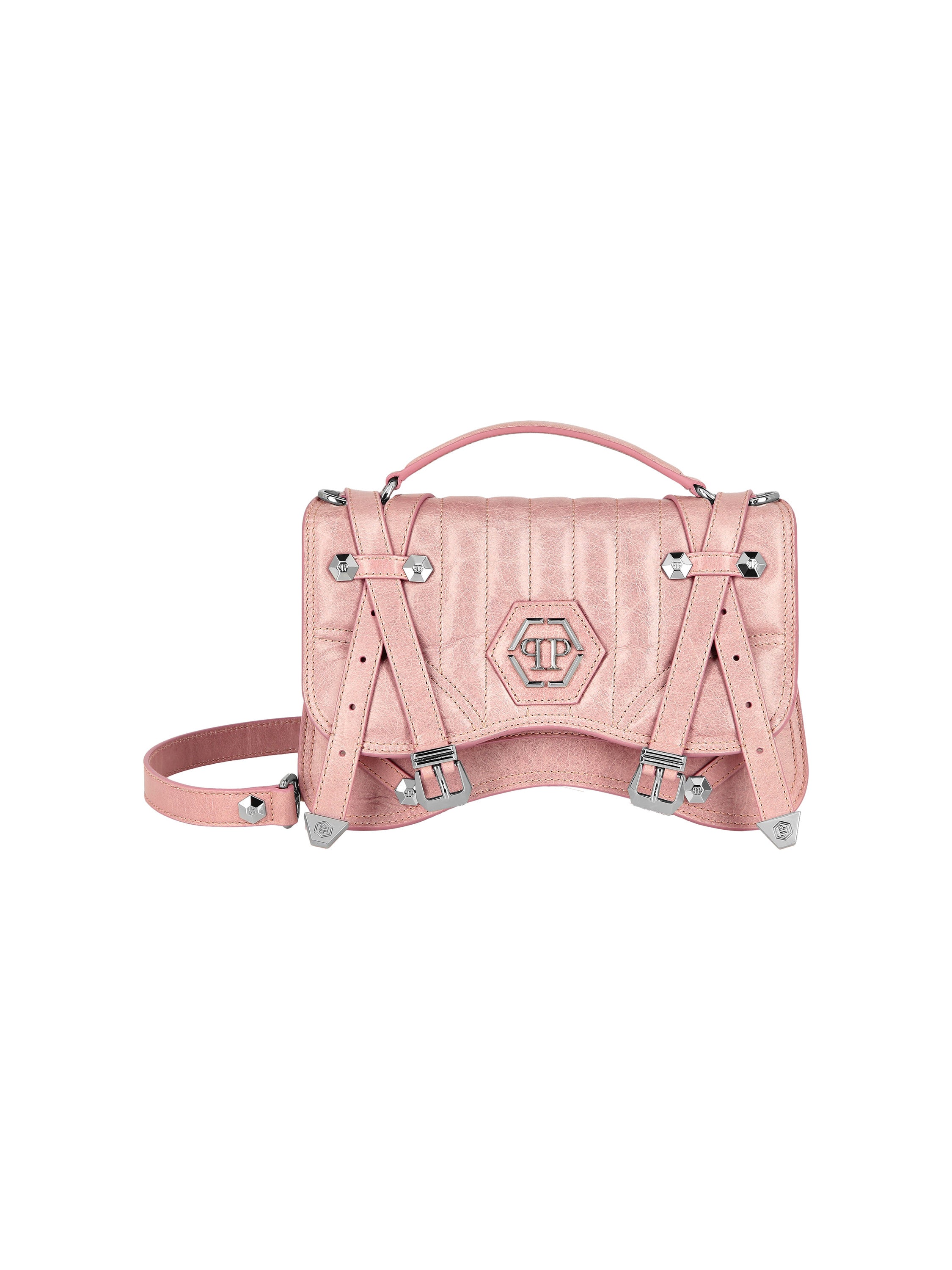 Shiny Crackle Leather Belt Handle Bag Medium Hexagon