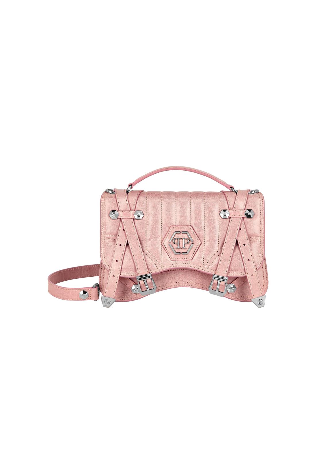 Shiny Crackle Leather Belt Handle Bag Medium Hexagon