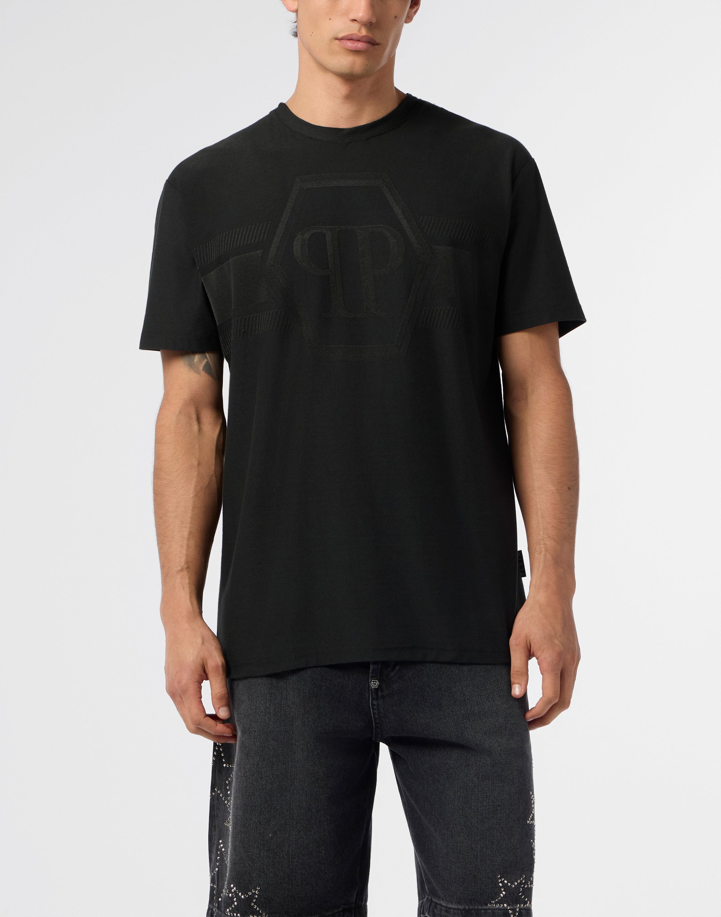 Round Neck T-Shirt Jacquard Hexagon Line