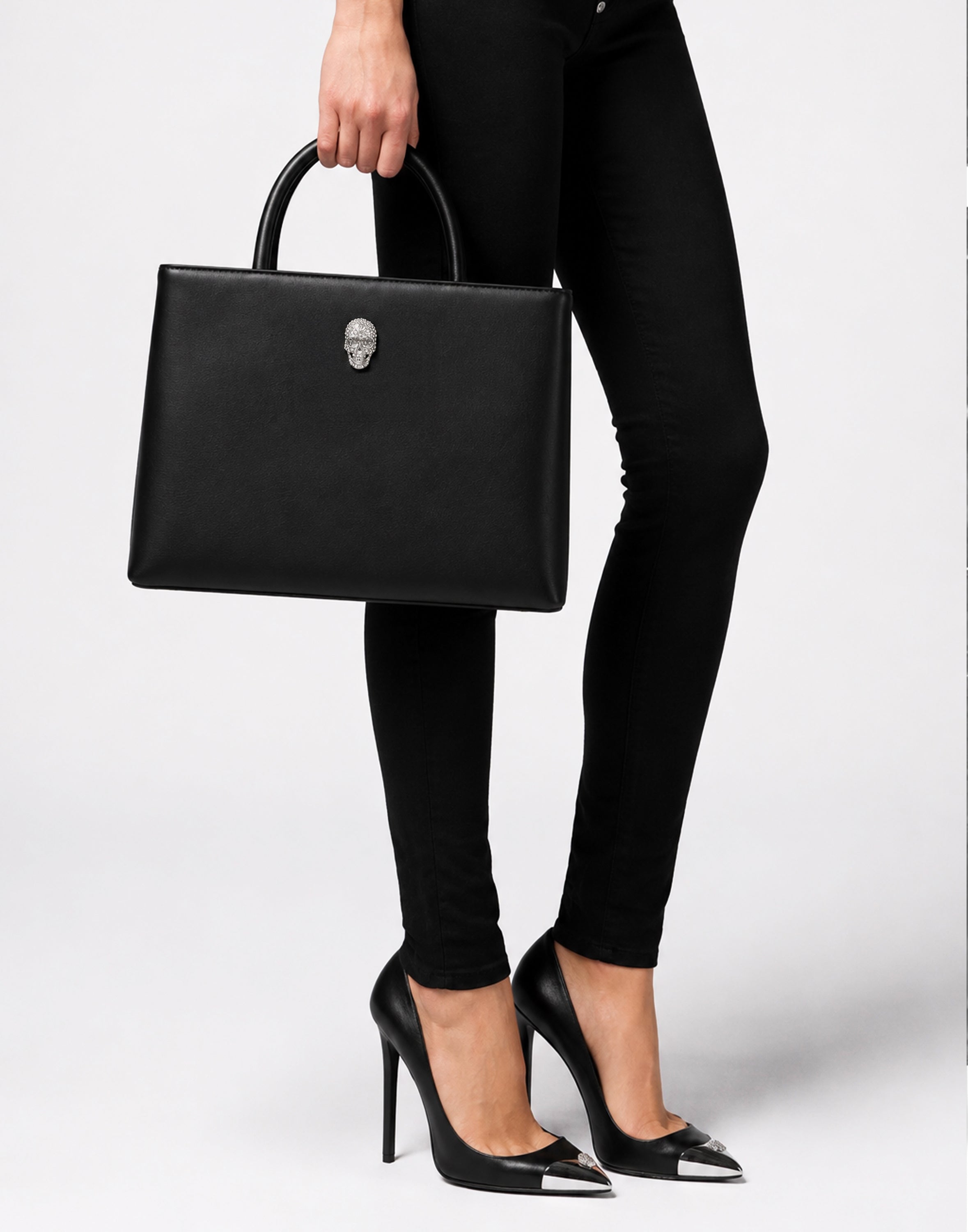 Leather Medium Handle Bag Skull Strass