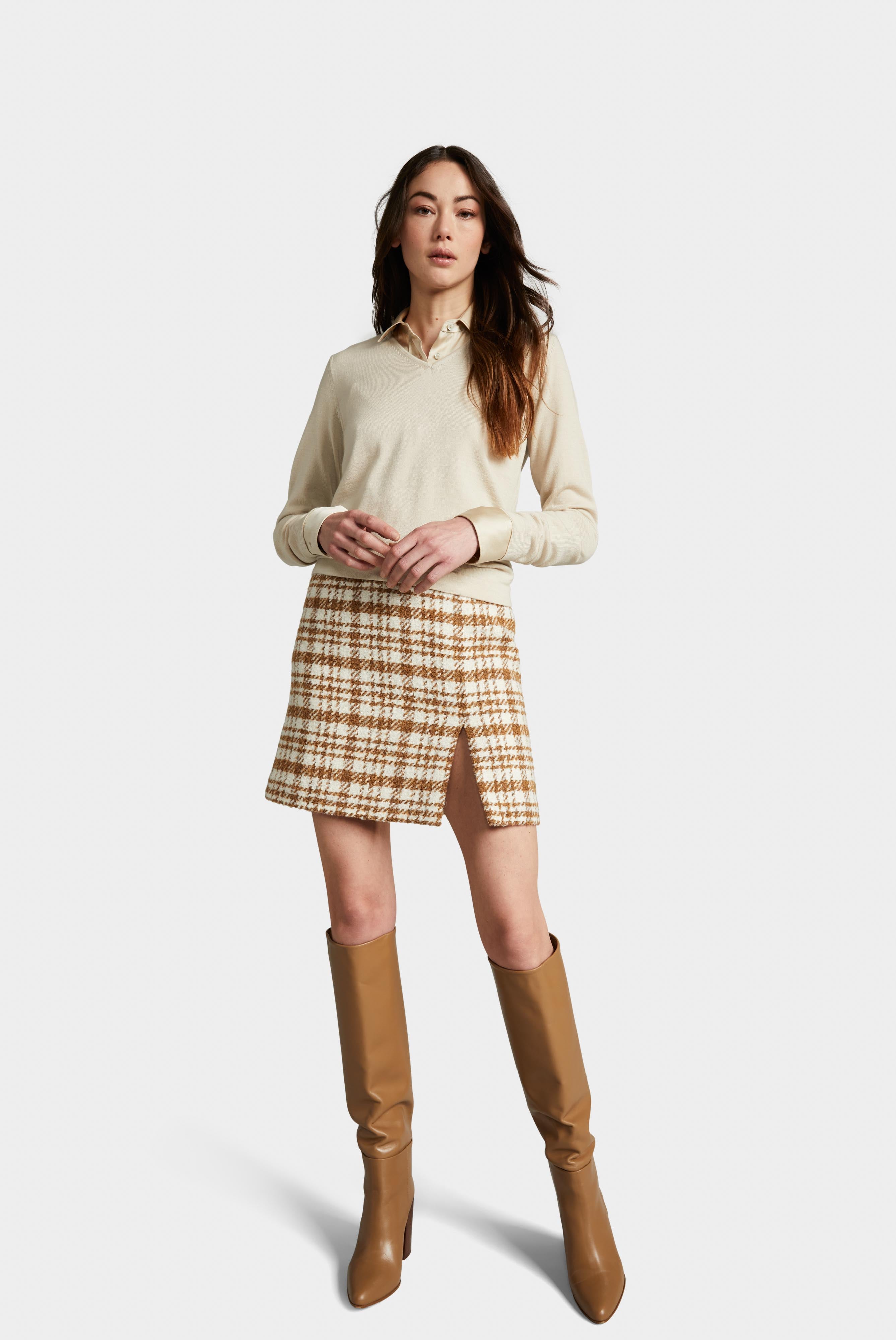 Rock aus aus Woll-Boucle Braun/Weiß Kariert