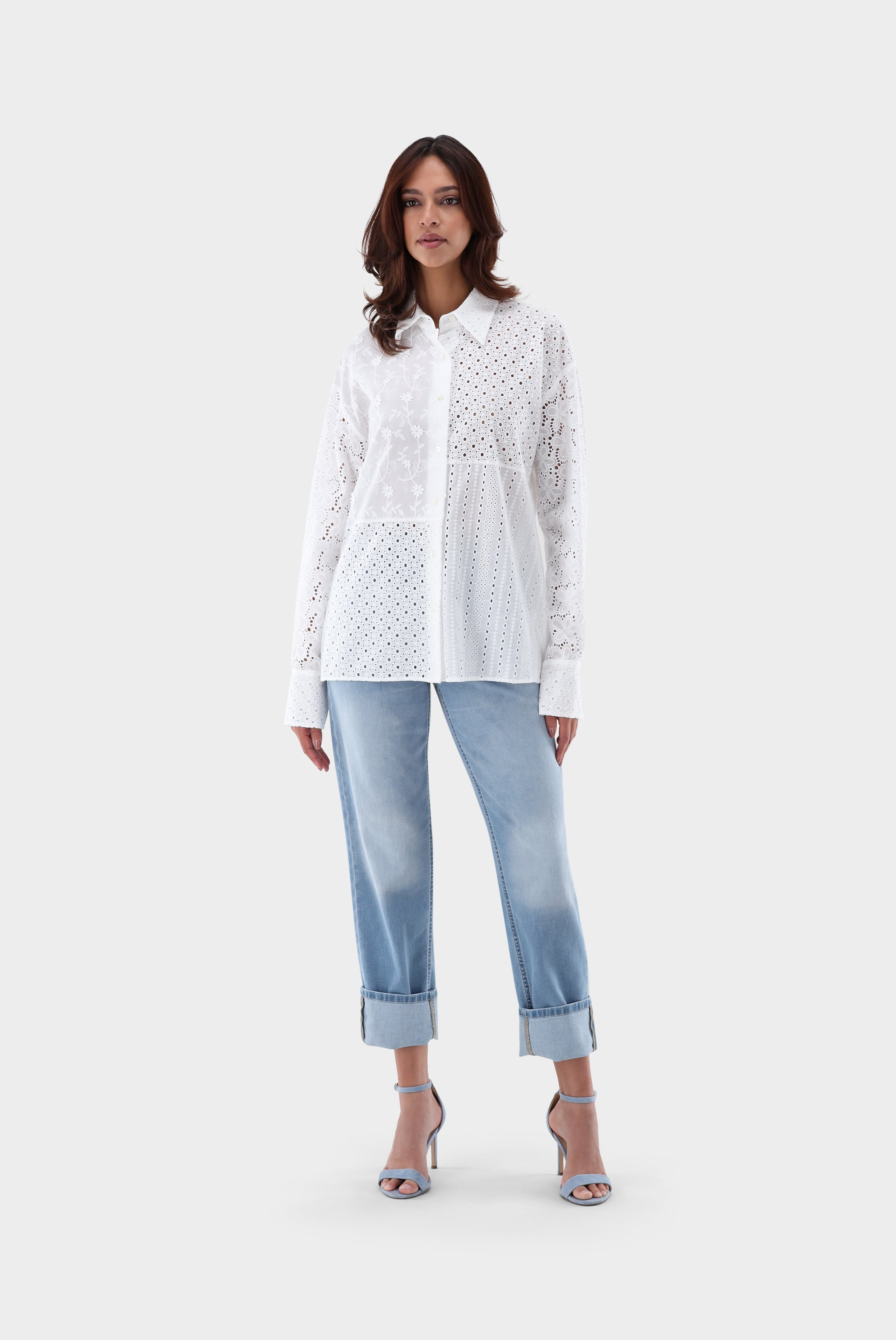 Patchwork Hemdbluse mit Lochstickerei