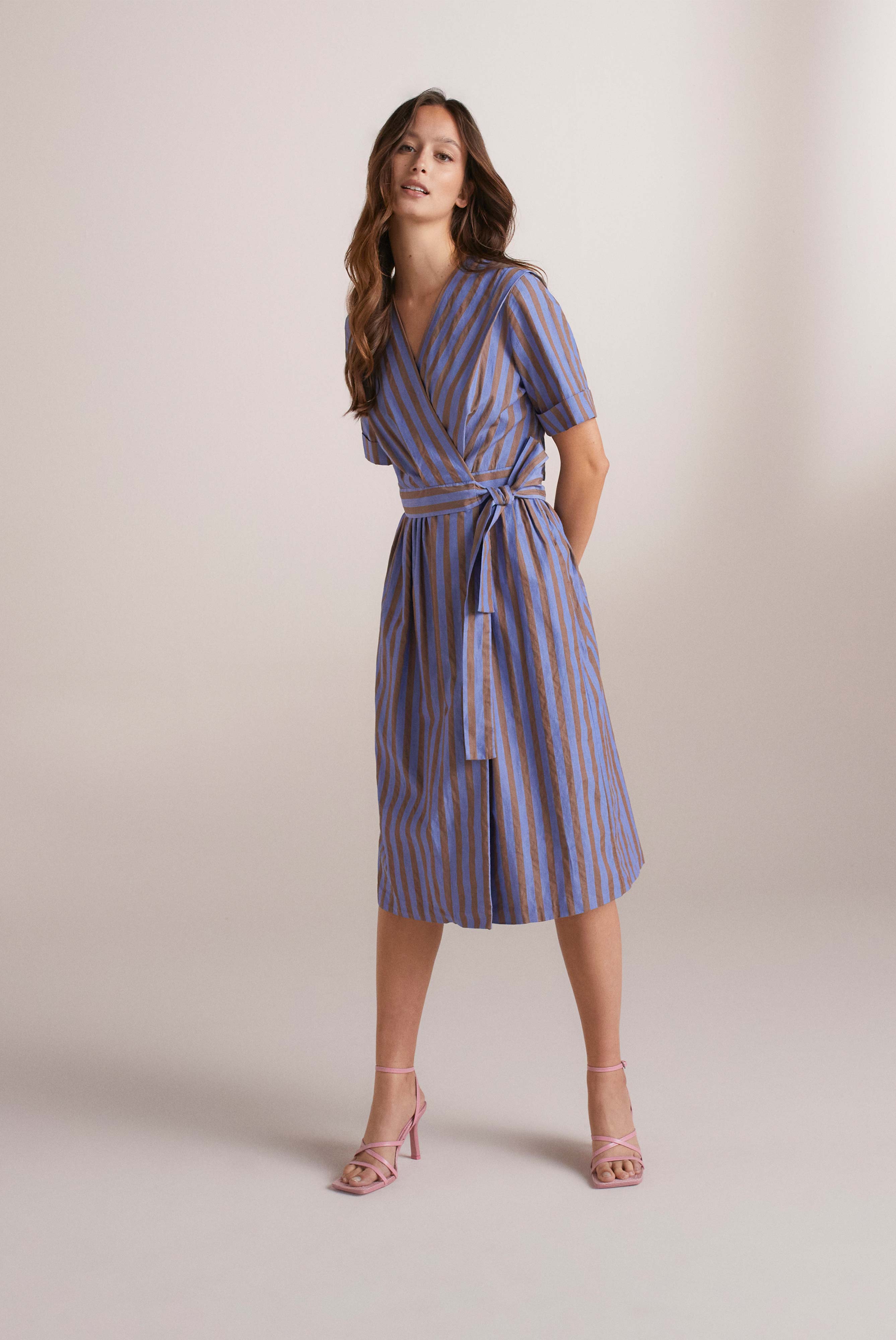 Summery cotton midi dress, striped, brown and blue