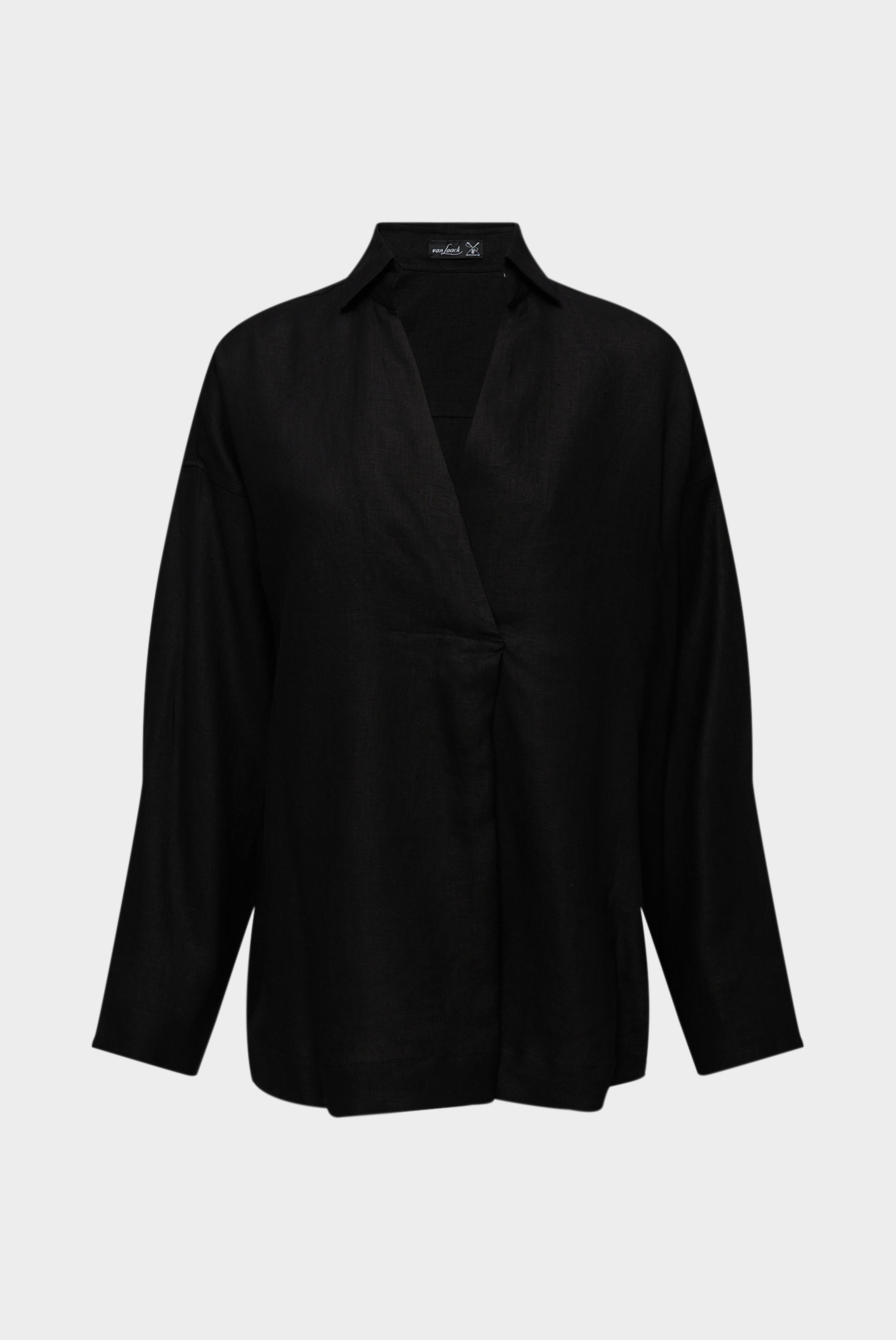 Oversize Bluse mit Hemdblusenkragen und V-Ausschnitt Schwarz