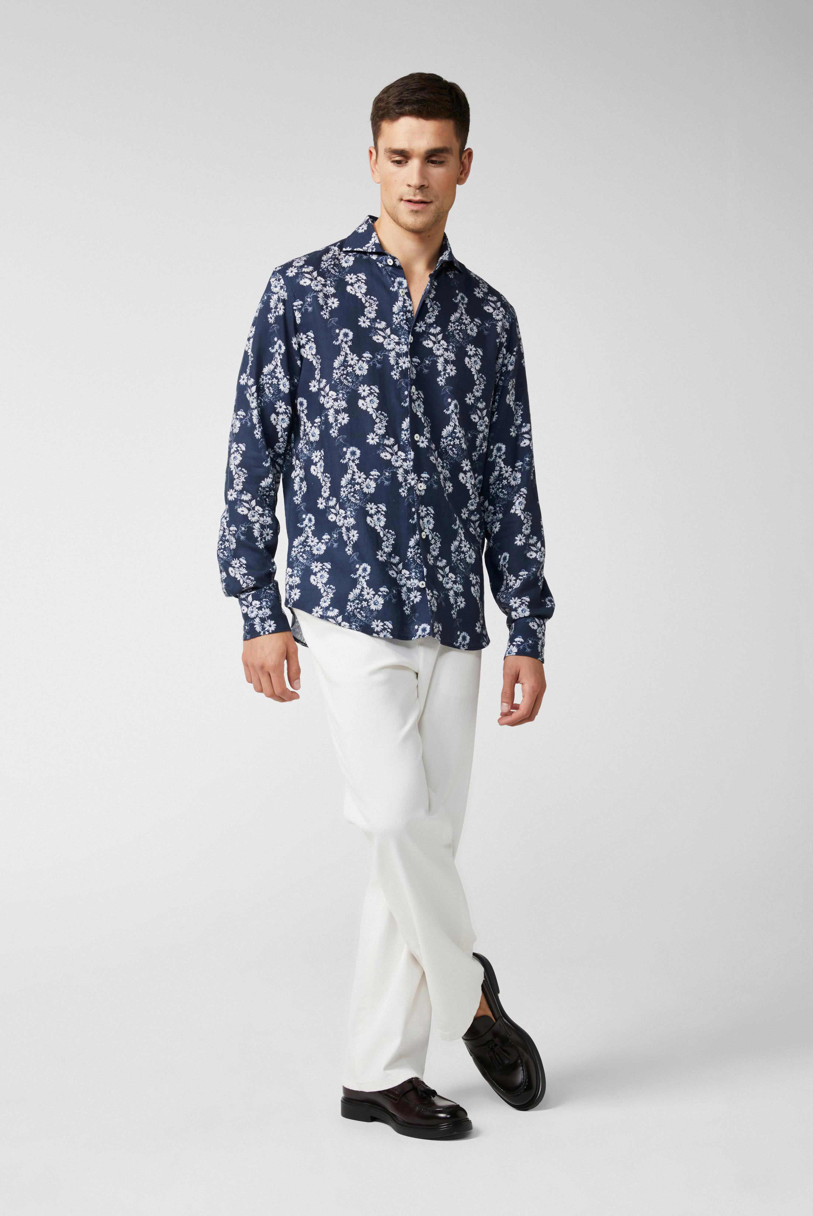 Hemd aus Leinenmischung mit Night Flower-Print Blau