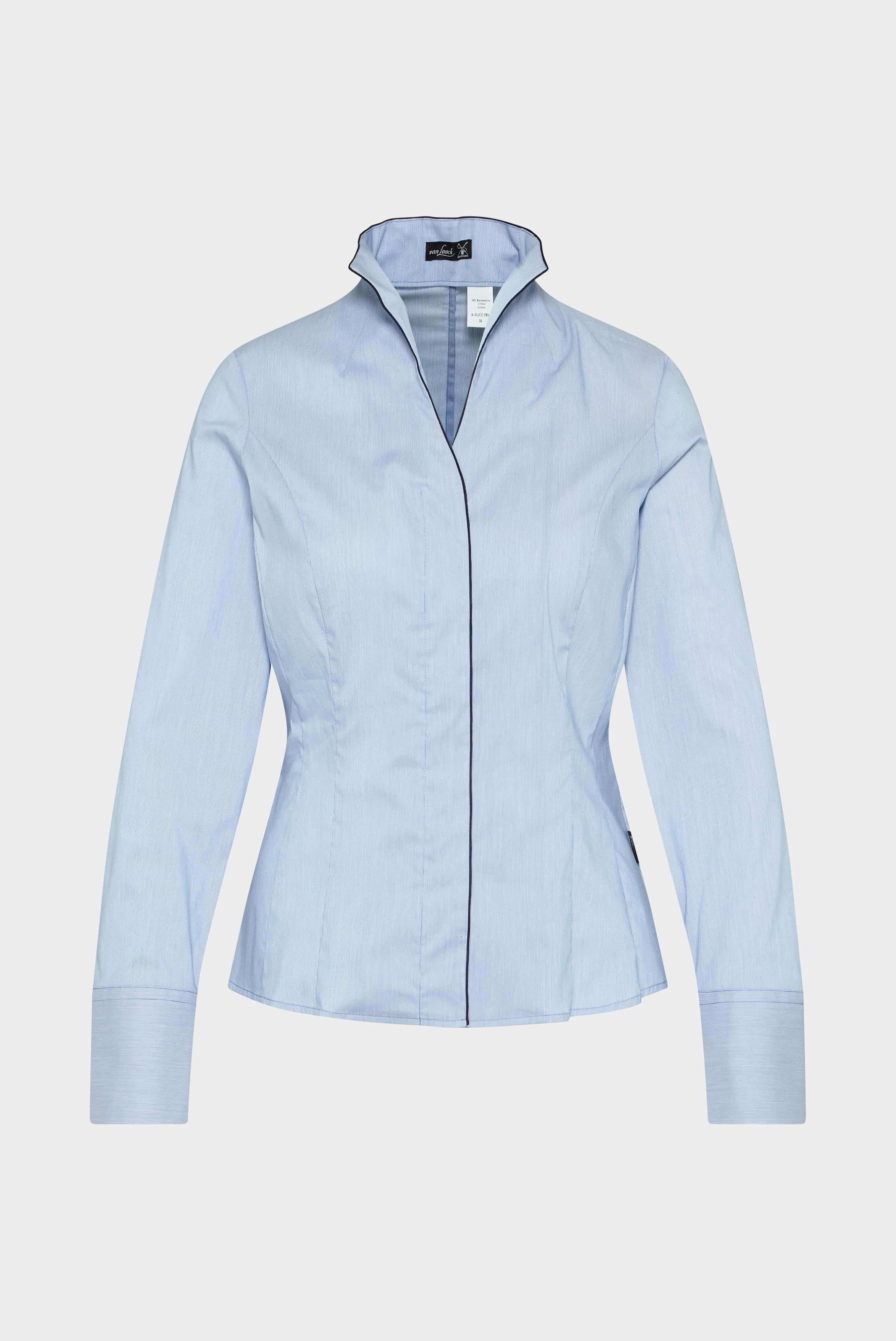 Poplin stand-up collar blouse with elastane, blue