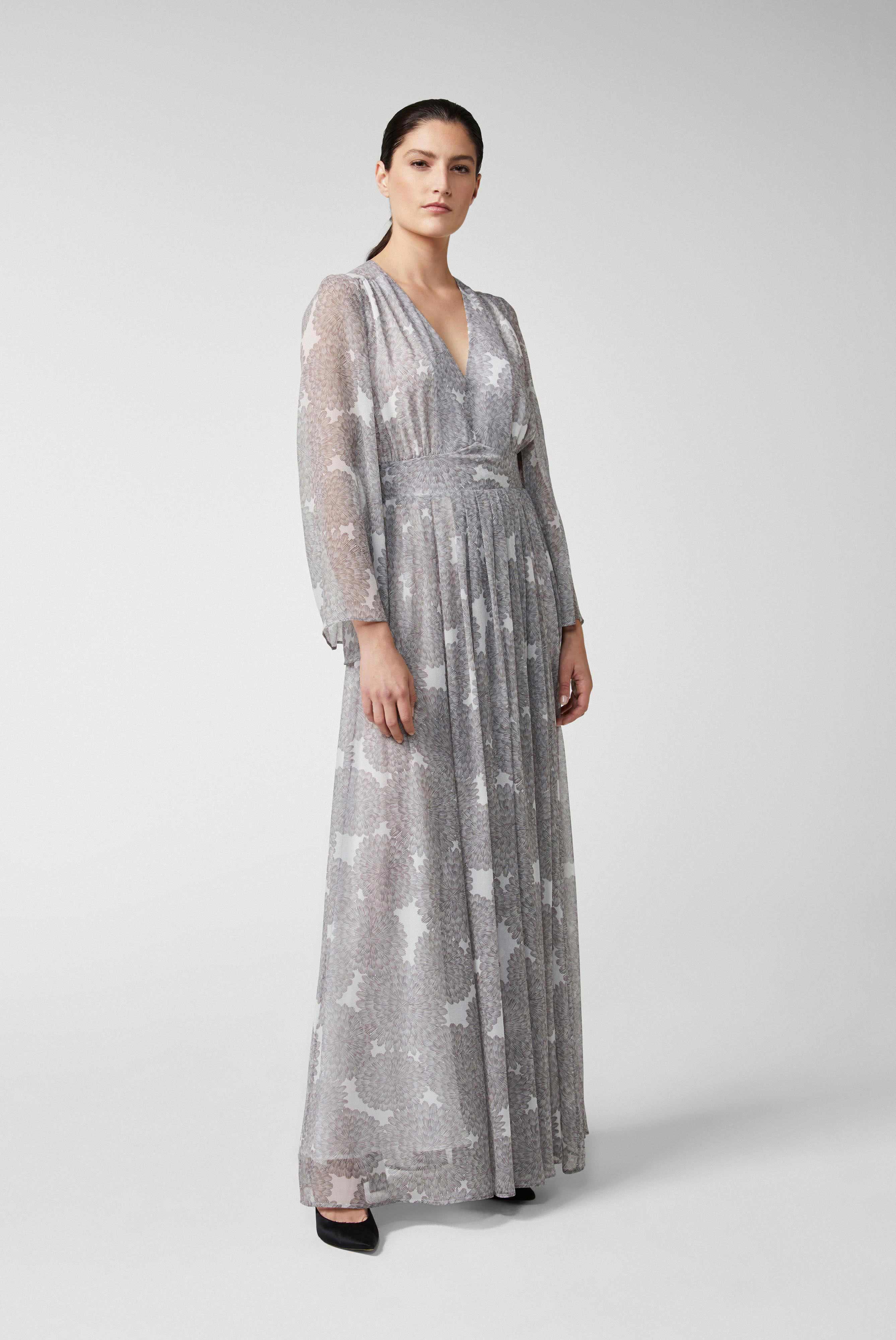 Maxikleid mit Blumendruck aus Seidenmischung Grau
