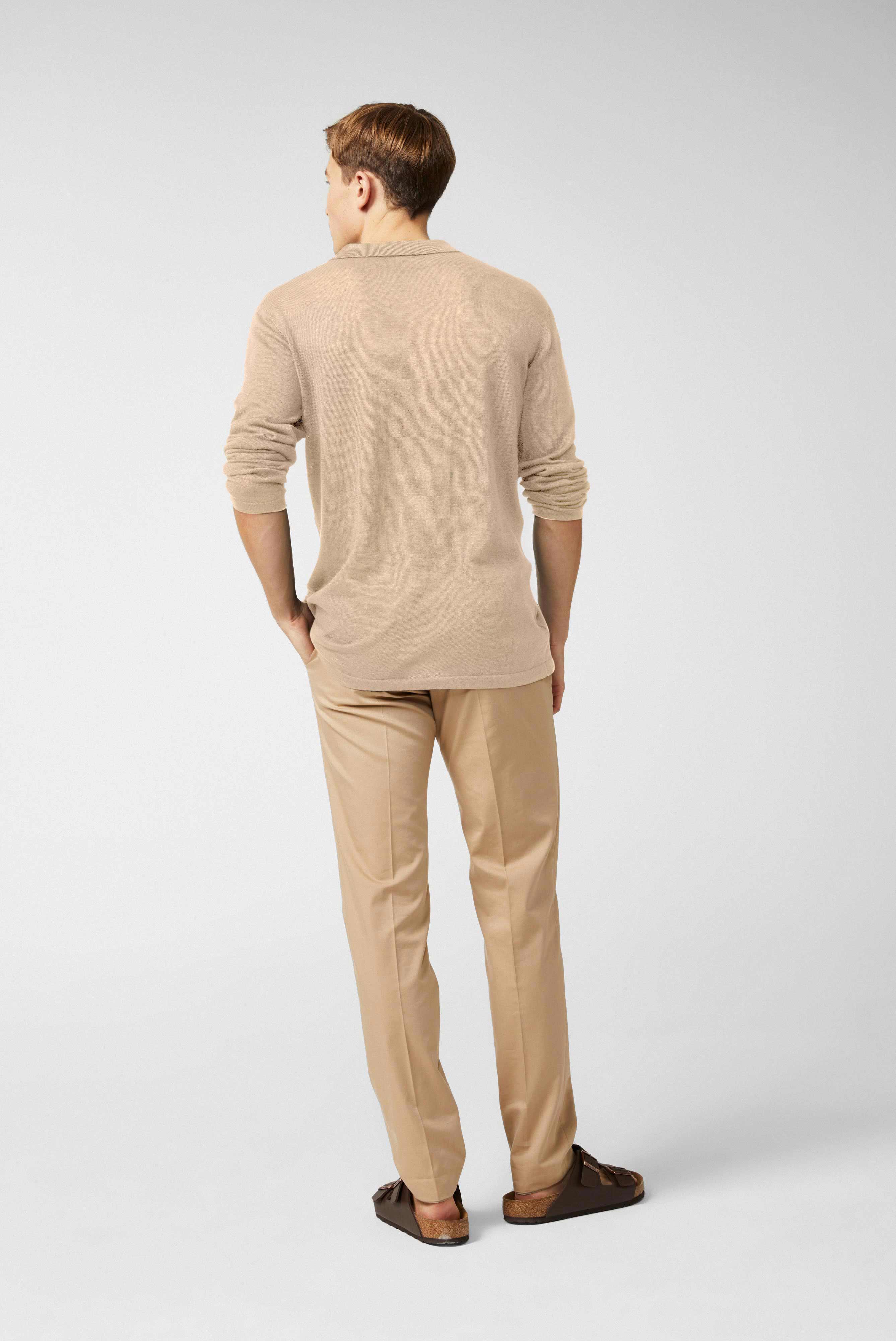 Gestricktes V-Neck Langarm Poloshirt Beige