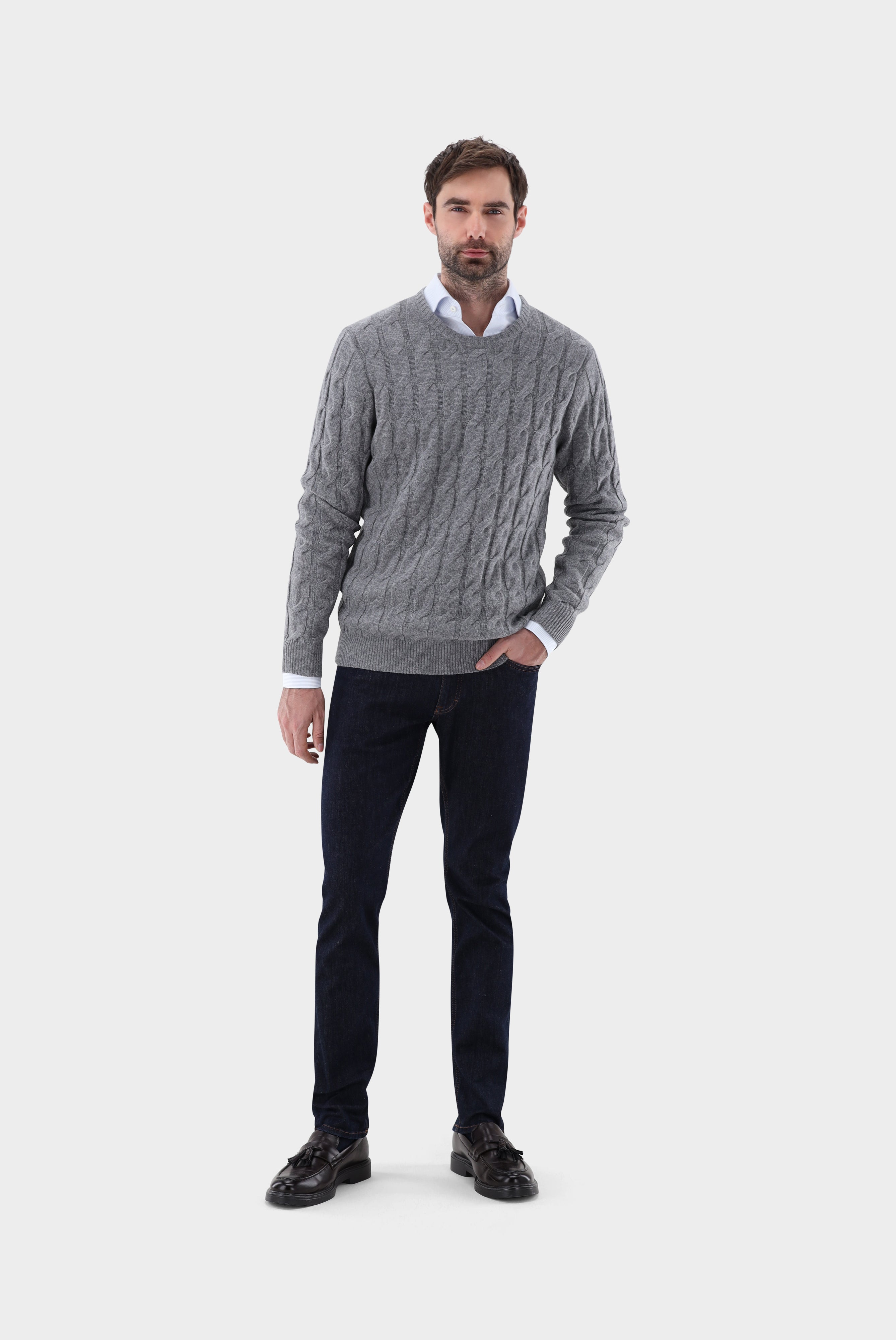 Rundhals Pullover mit Zopfmuster und Kaschmir