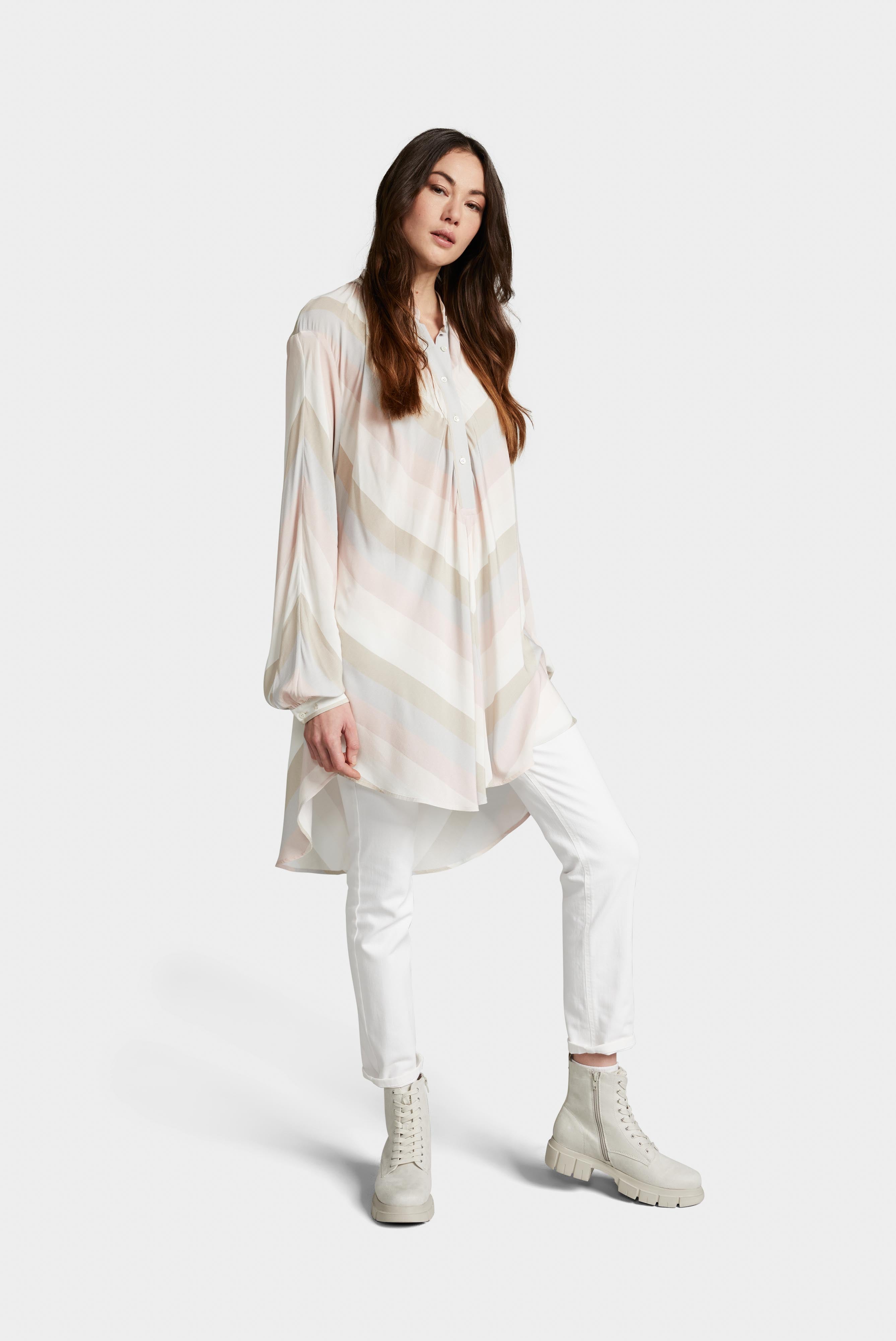 Lange Bluse mit Stehkragen Streifen-Druck Beige/Rosa