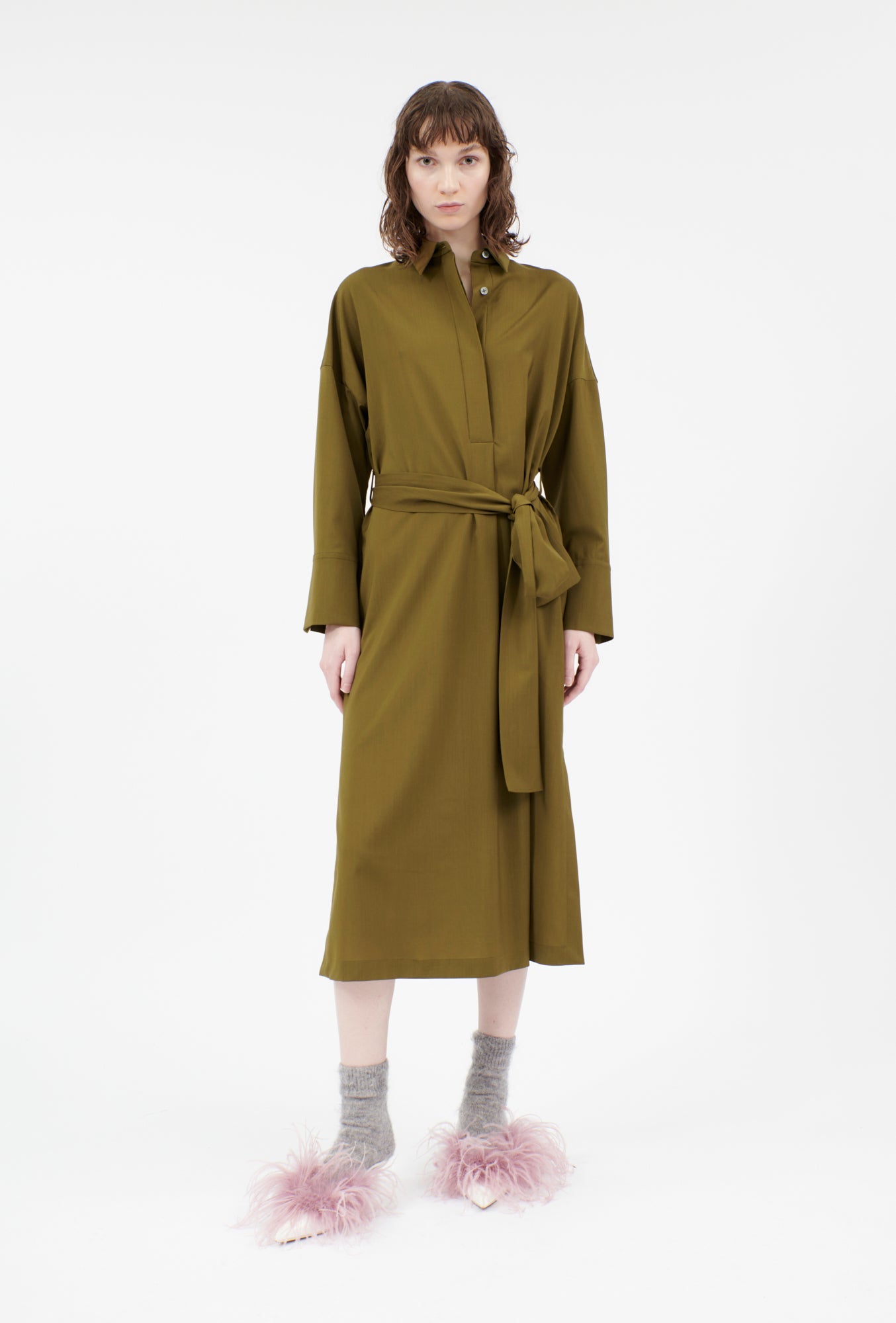 Light Weight Wool Kleid, Dark Olive-Hemden & Blusen-Odeeh-OUTLET-34-Dark Olive-ARCHIVIST-ARCHIVE-SALE