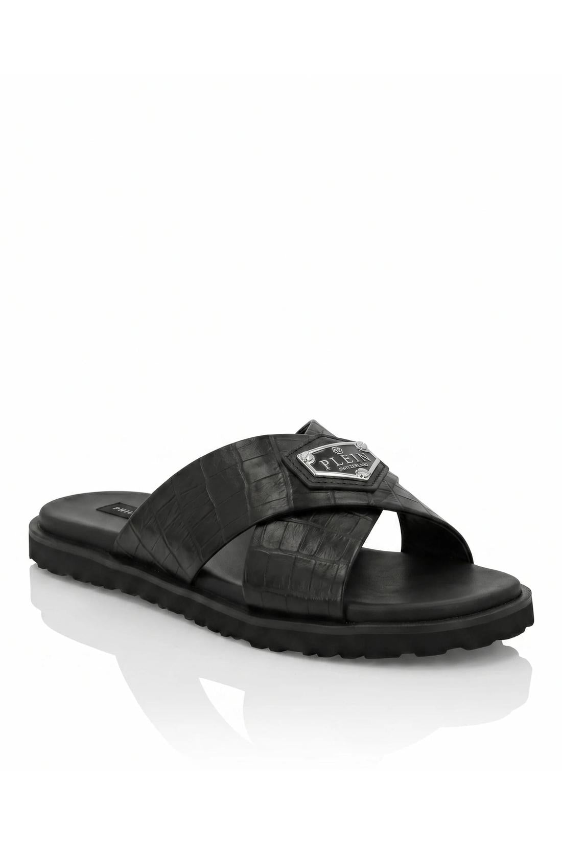 Philipp Plein Leather Slippers Criss-Cross Cocco, Flache Schuhe