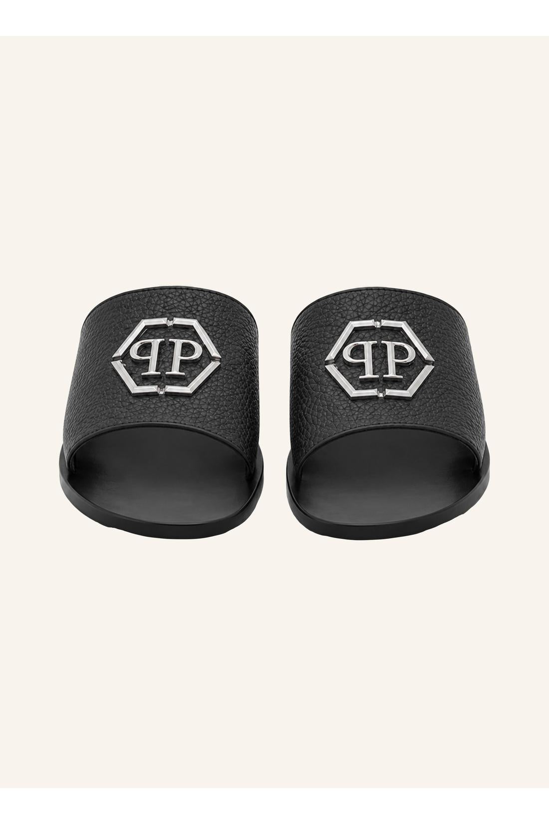 Philipp Plein Leather Sandals Big Hexagon, Flache Schuhe