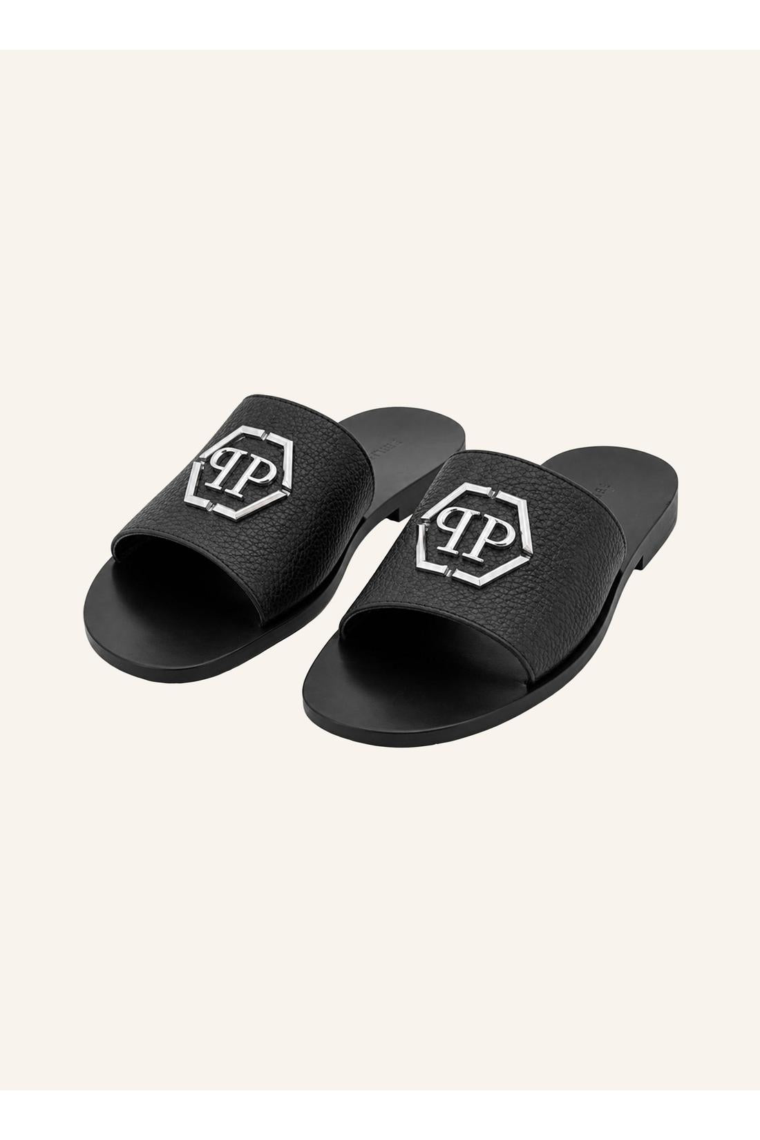 Philipp Plein Leather Sandals Big Hexagon, Flache Schuhe