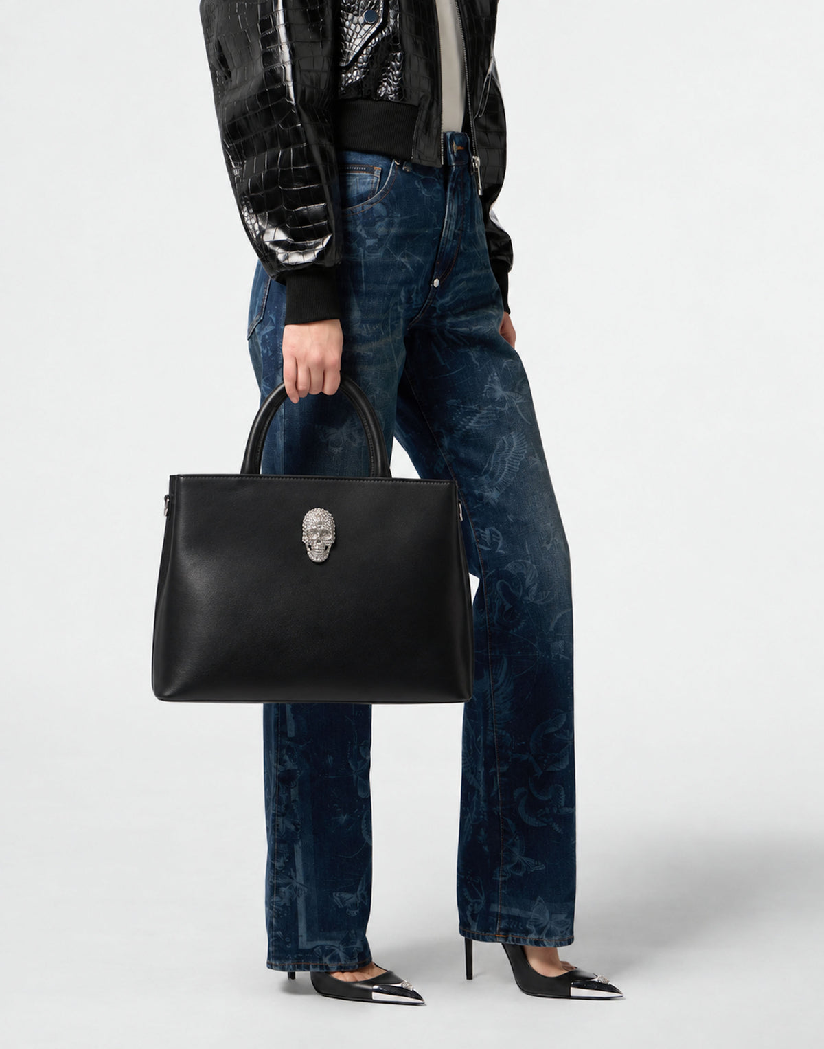 Leather Medium Handle Bag Skull Strass