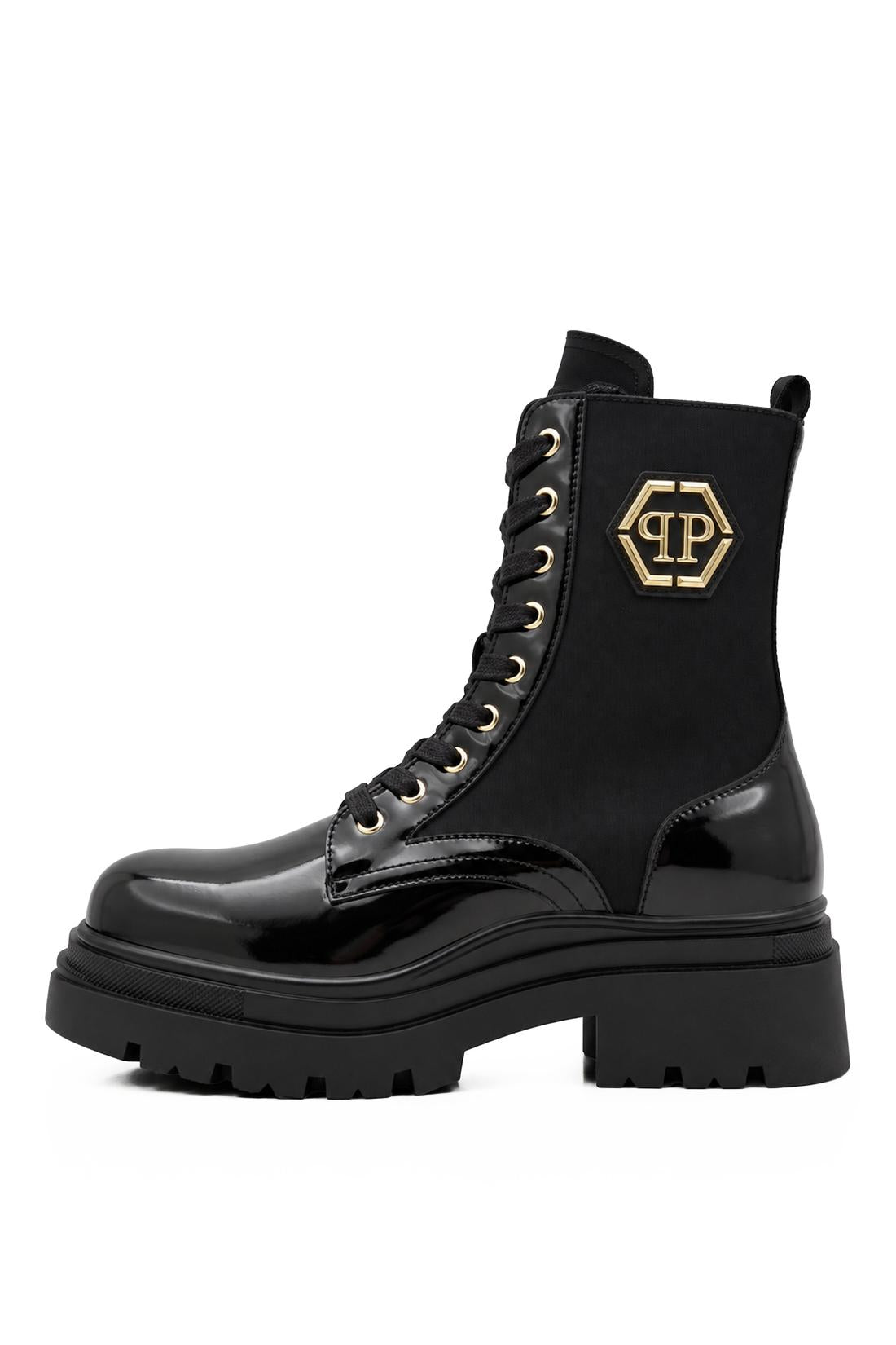 Patent Lace Up Boots Hexagon
